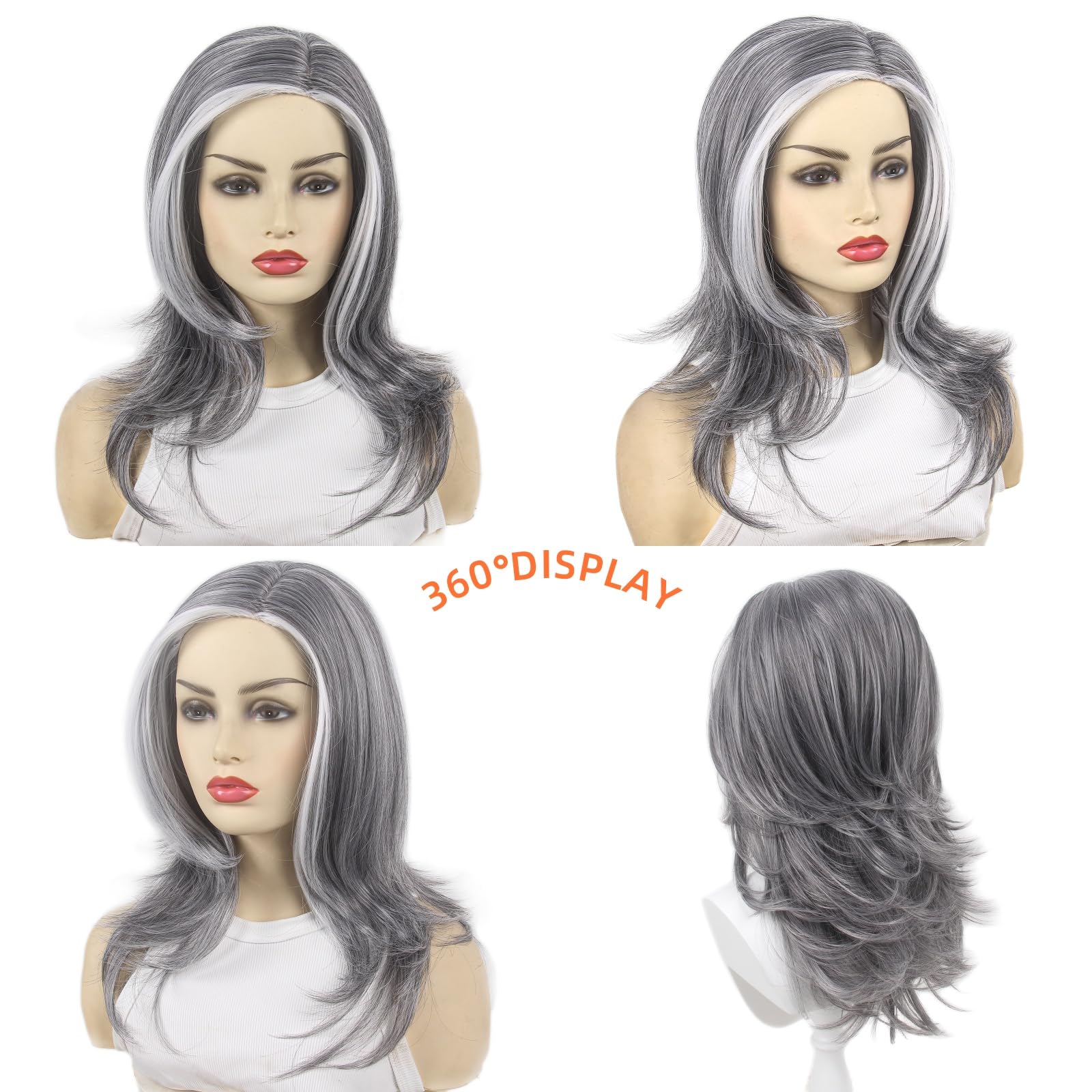 Ash Grey Heat Resistant Synthetic Wigs for Women - Natural Wave Layered Wig with Grey White Highlights - Perfect for Daily Use, Cosplay, Halloween & Costume Parties