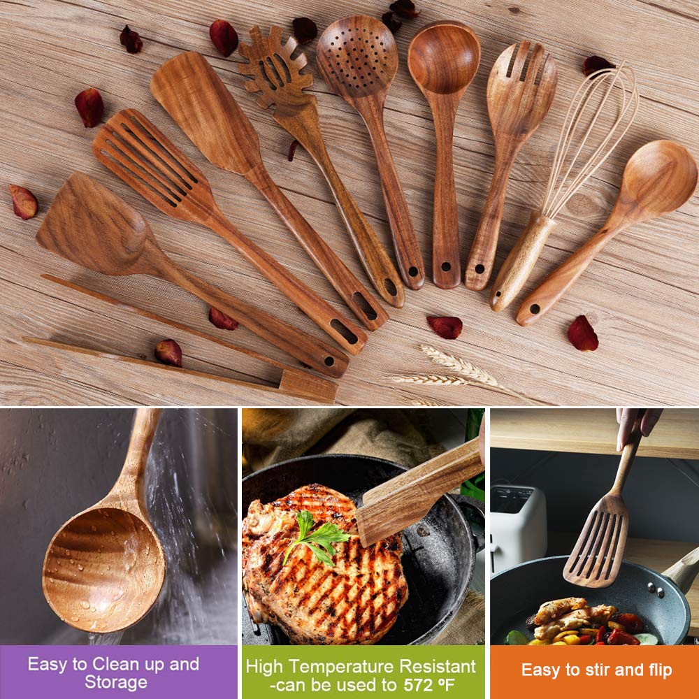 Premium Teak Wood Kitchen Utensil Set with Holder - 11-Piece Natural Wooden Cooking Tools Including Spatula, Ladle & Spoons - Ideal for Sauteing, Baking & Non-Stick Cookware