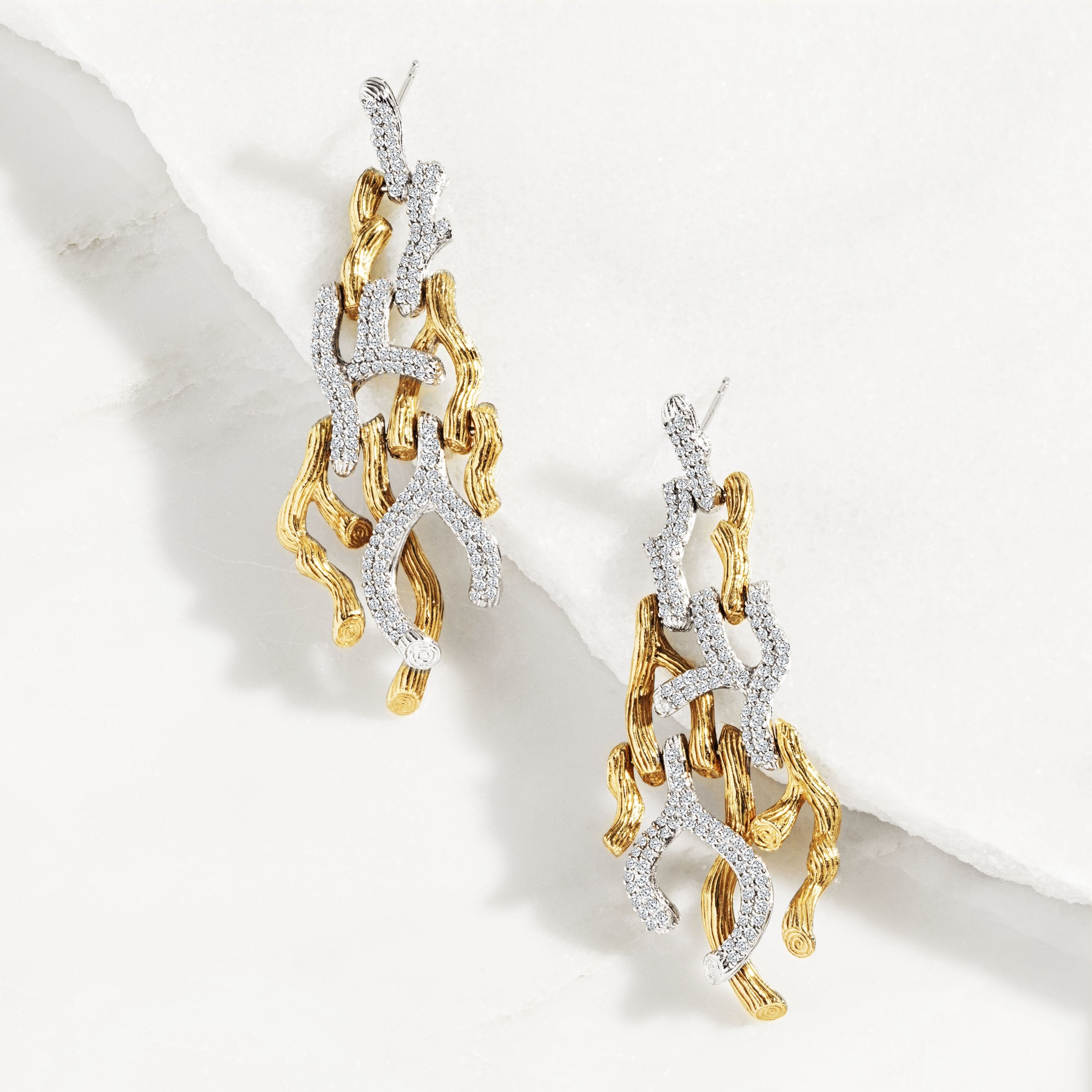 Diamond Branch Coral Chandelier Earrings 14K Gold - Elegant Dangling Jewelry for Weddings & Evening Parties
