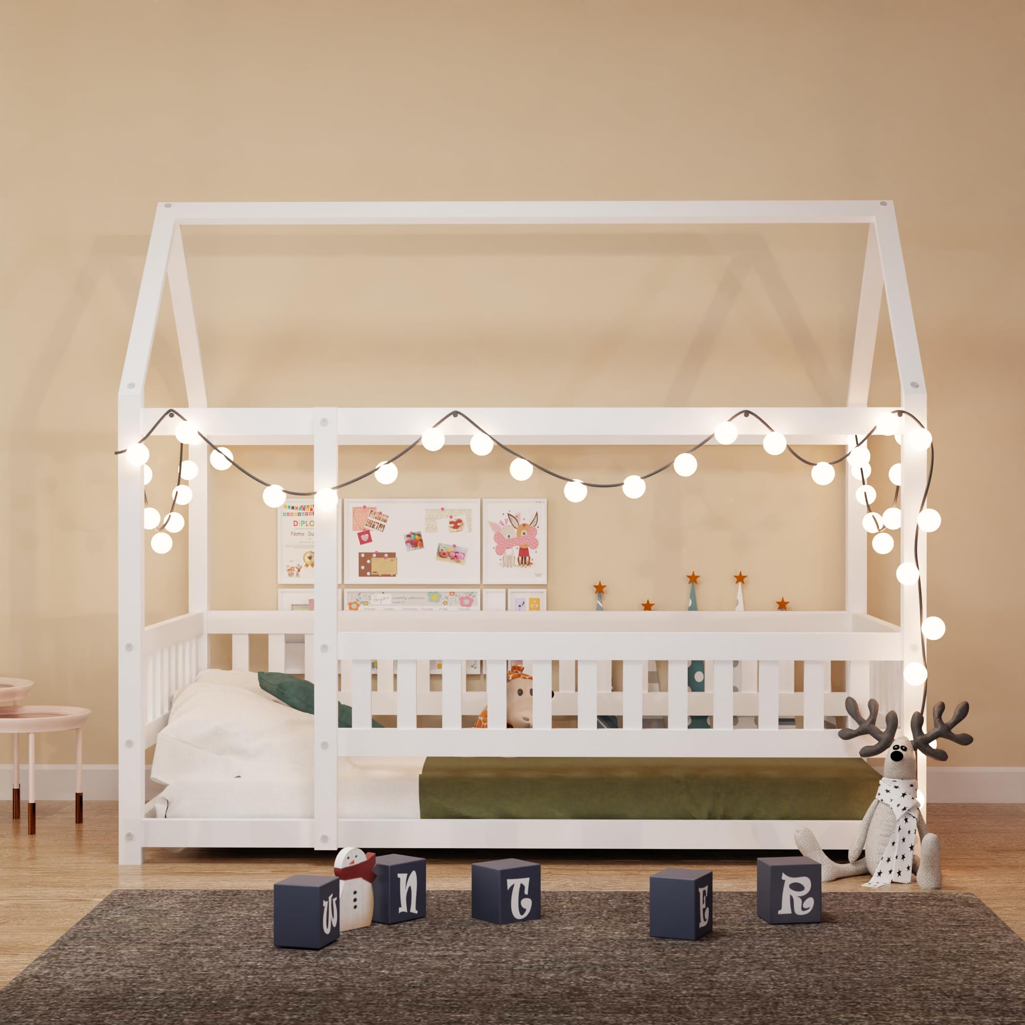 Montessori Twin Size Wooden Floor Bed with High Safety Fence & Slats - House Style Kids Bed for Boys & Girls, No Box Spring Required, Easy Assembly, White - Perfect for Montessori Rooms, Toddler Bedrooms & Play Areas