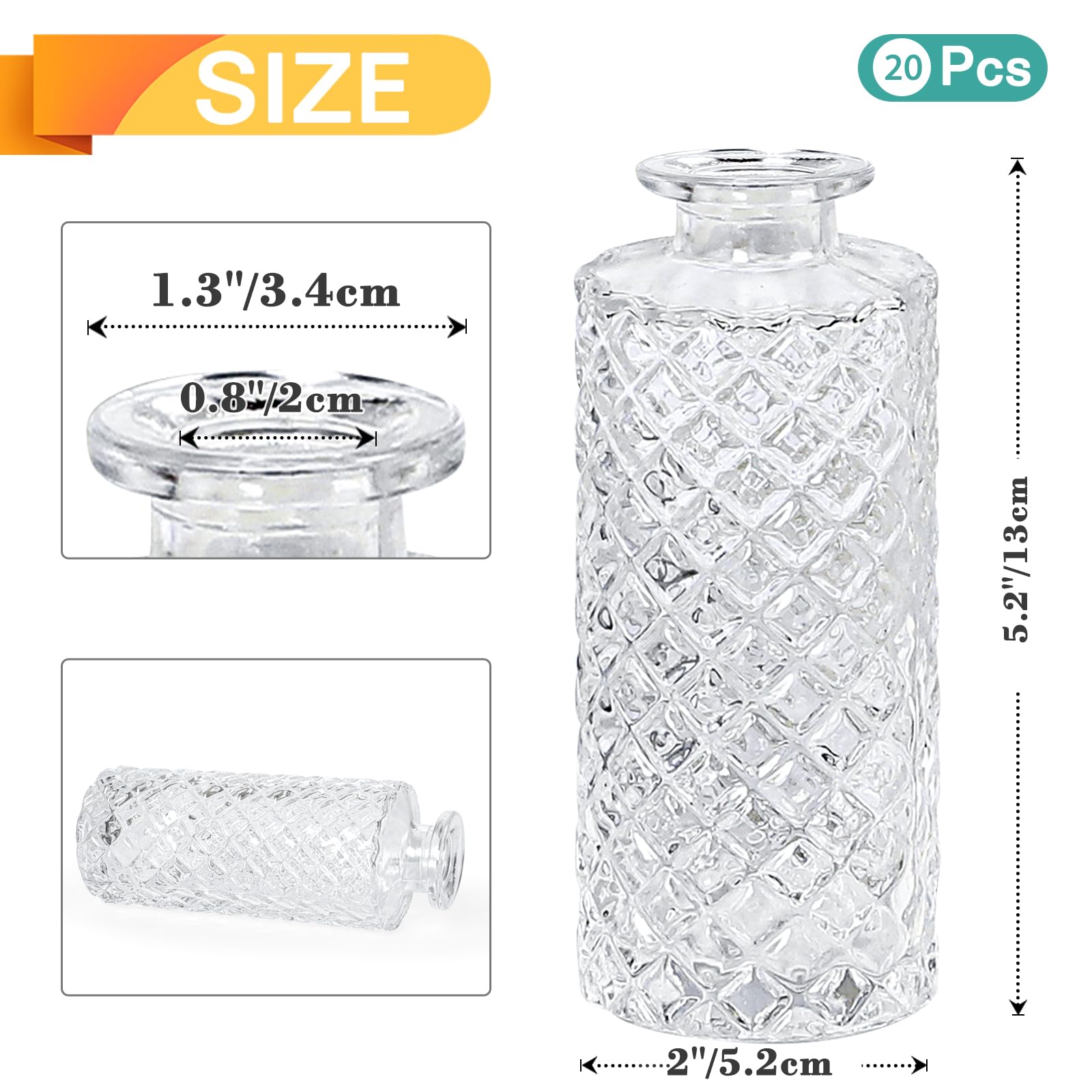 20 Pack Clear Glass Bud Vases - Small Diamond Cut Mini Flower Vases for Wedding Centerpieces, Office Desk Decor, Home Table Arrangements & Party Reception Decorations - Perfect for Floral Displays, Gift Giving & Event Styling