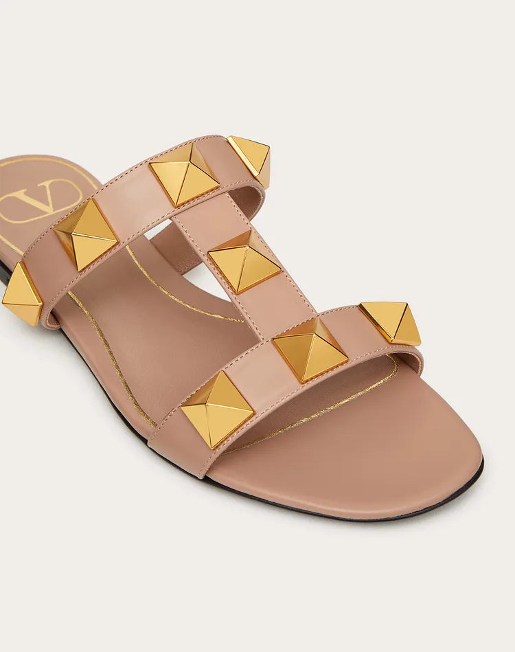 Roman 2 Strap Slide Sandals for Women - Rose Gold Gladiator Summer Sandals | Comfortable Flat Sandals for Beach, Vacation & Casual Outfits