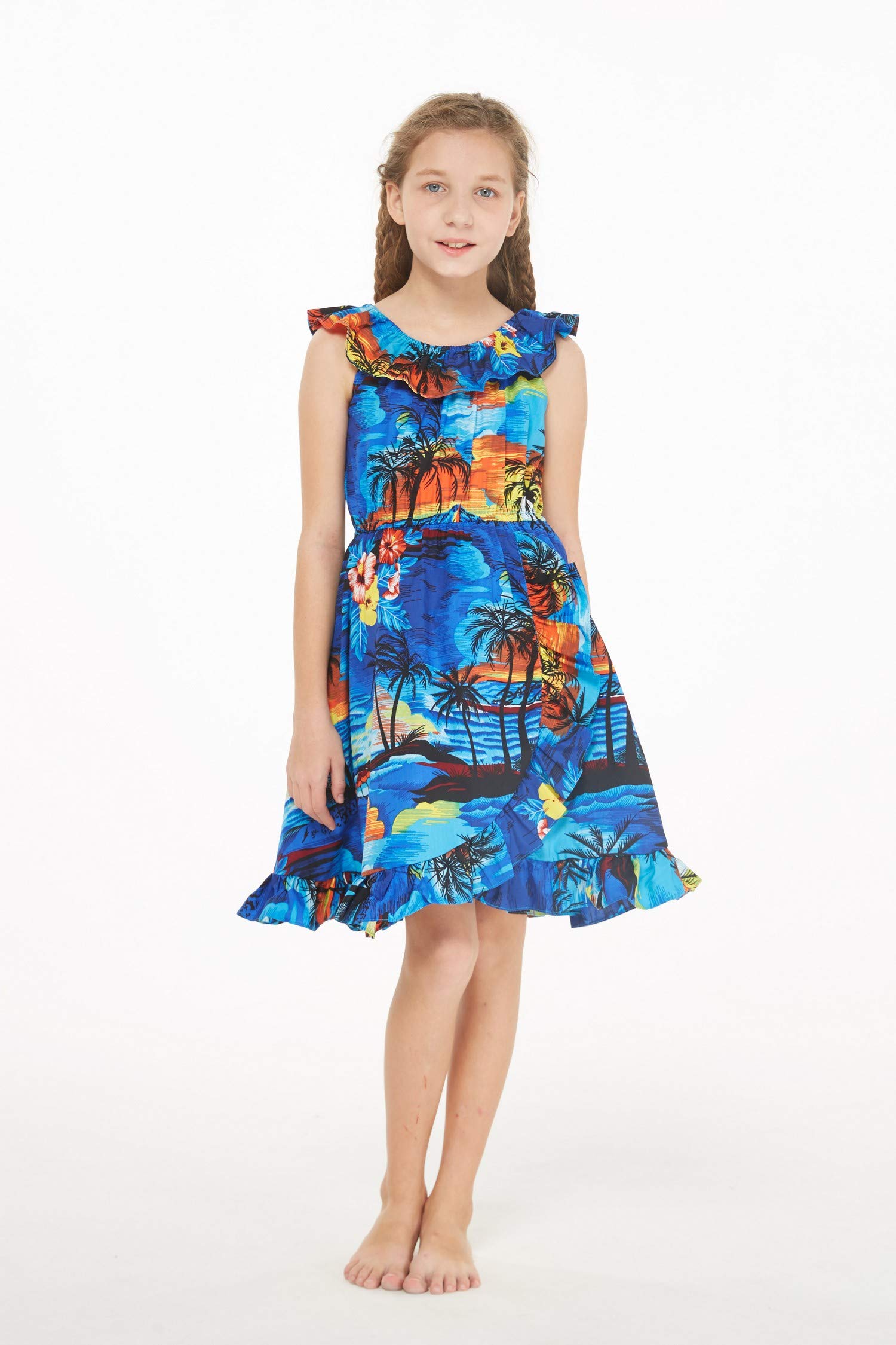 Vintage Tropical Toile Luau Wrap Ruffle Dress for Girls - Perfect for Hawaiian Themed Parties, Beach Vacations & Summer Photoshoots