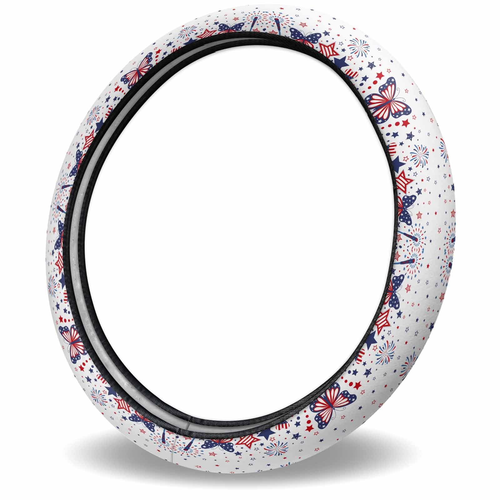 4th of July Patriotic Steering Wheel Cover - Red, Blue & Stars Design with Firework & American Flag Print - Non-Slip Elastic Sponge Grip for Cars, SUVs, Trucks & Vans - Perfect for Independence Day Celebrations & Road Trips