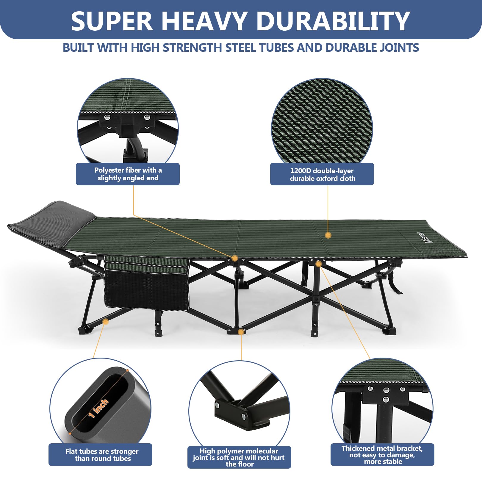Nictemaw Folding Camping Cot for Adults - Heavy Duty 900LBS Capacity, Portable Sleeping Cot with Carry Bag, Double Layer Oxford Fabric - Perfect for Outdoor Camping, Beach, Travel, Home & Office Use - Green Stripes