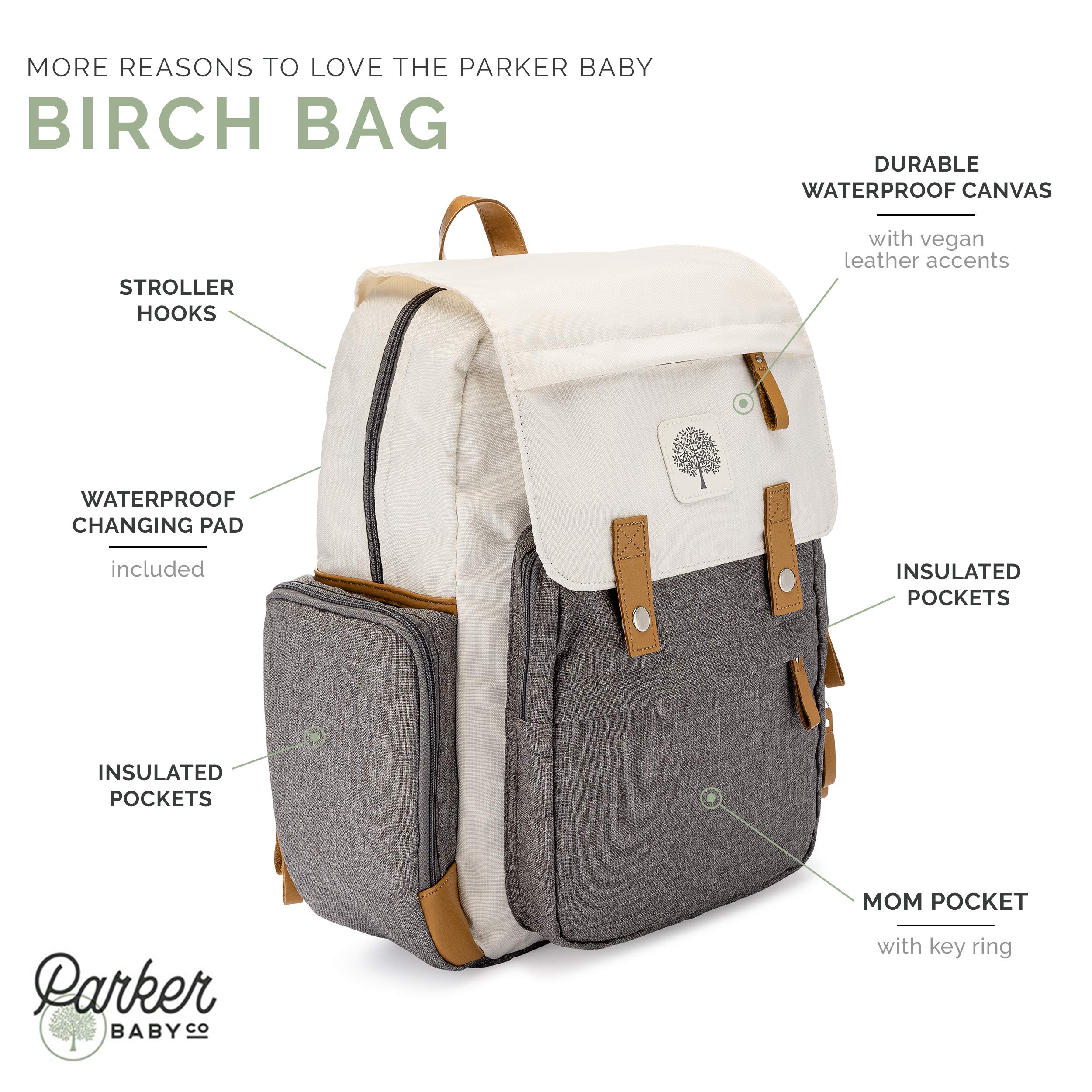 Parker Baby Diaper Backpack - Large Insulated Diaper Bag with Stroller Straps & Changing Pad - Waterproof Baby Essentials Organizer for Travel, Daycare & Outings - Cream Birch Bag