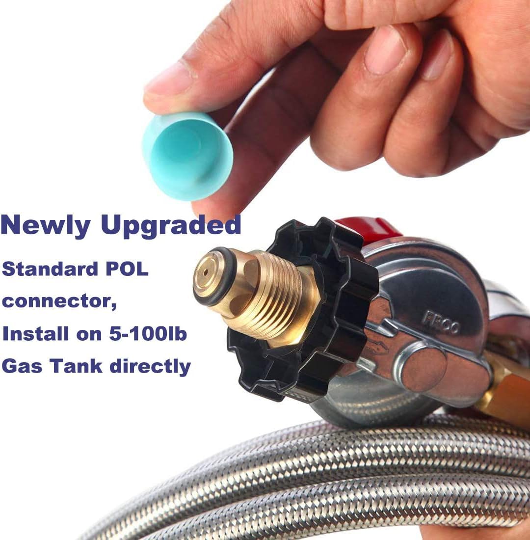 10FT High Pressure Propane Regulator with Hose - Adjustable 0-30 PSI Gas Regulator with Gauge, Stainless Steel Braided Hose for 5-100LB POL Tanks - Perfect for Fire Pits, Burners, Heaters, Fryers, Smokers & Griddles - Heavy Duty Outdoor Cooking & Heating Equipment