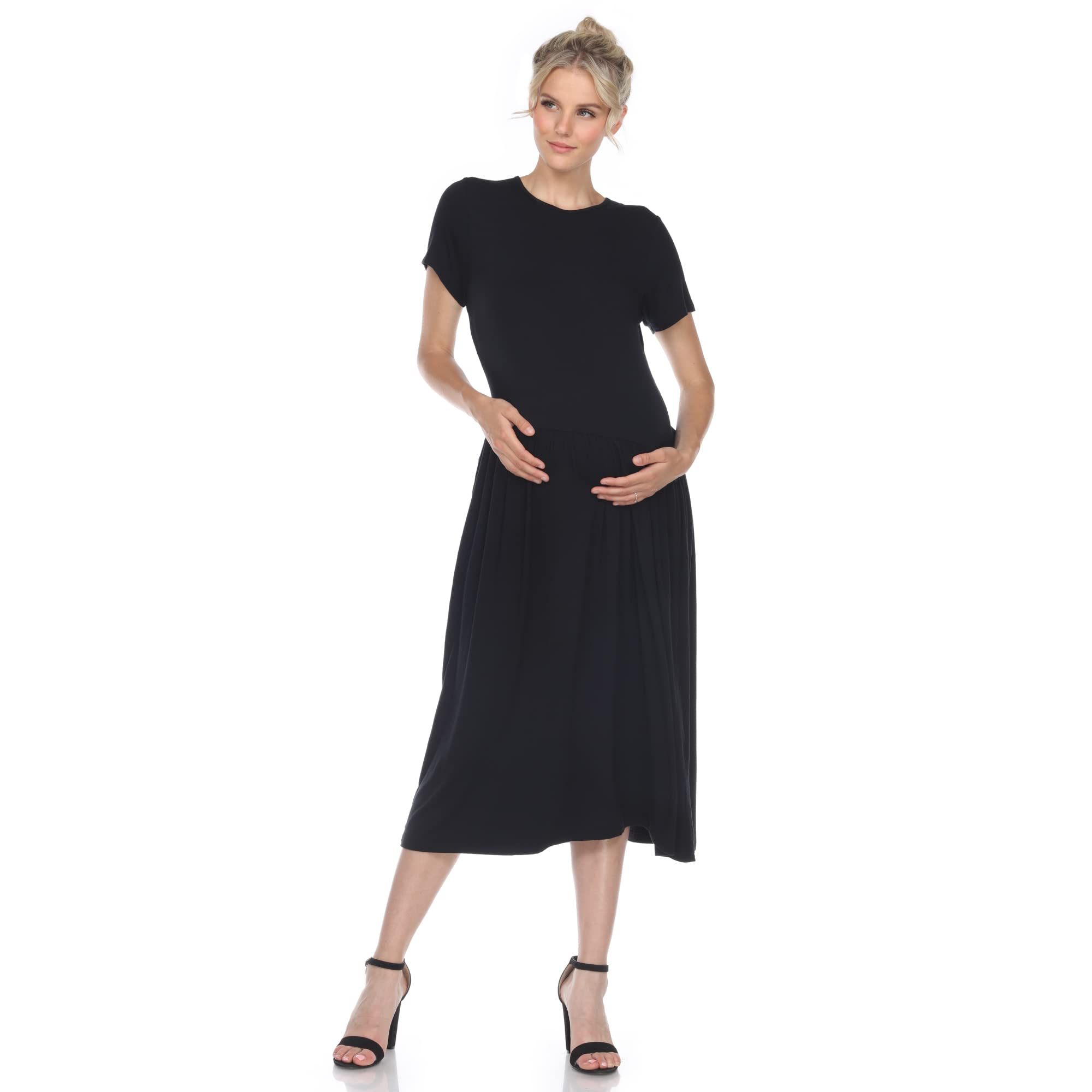 White Mark Women's Maternity Short Sleeve Jewel Neck Midi Dress - Comfortable Pregnancy Clothes for Casual Wear, Baby Shower & Maternity Photos