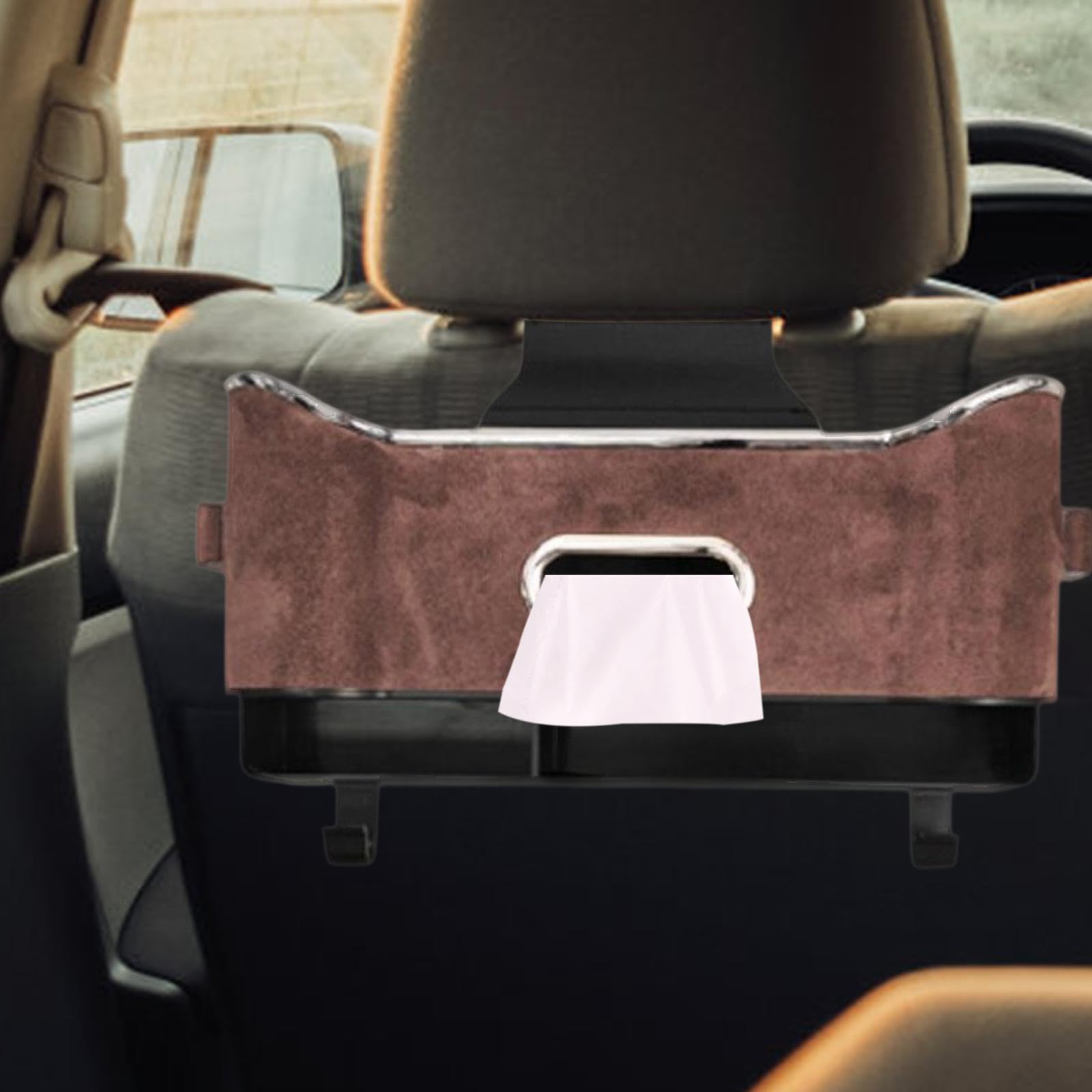 Premium Back Seat Organizer with Tissue Box & Cup Holders - Car Organizer for SUV, Truck, Van - Brown Leather Storage for Road Trips & Family Travel