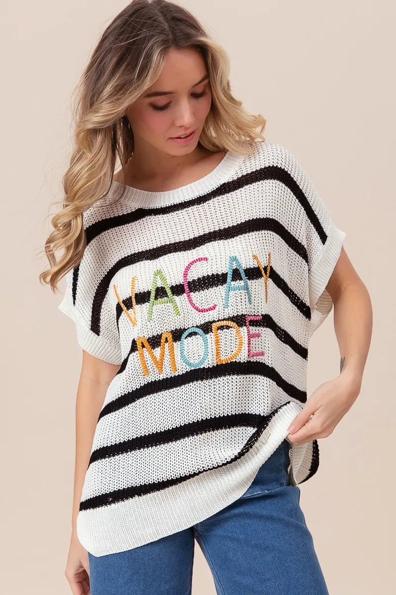BiBi Vacay Mode Lettering Drop Shoulder Striped Sweater - Women's Casual Oversized Pullover for Beach Vacation, Travel & Cozy Fall Outfits