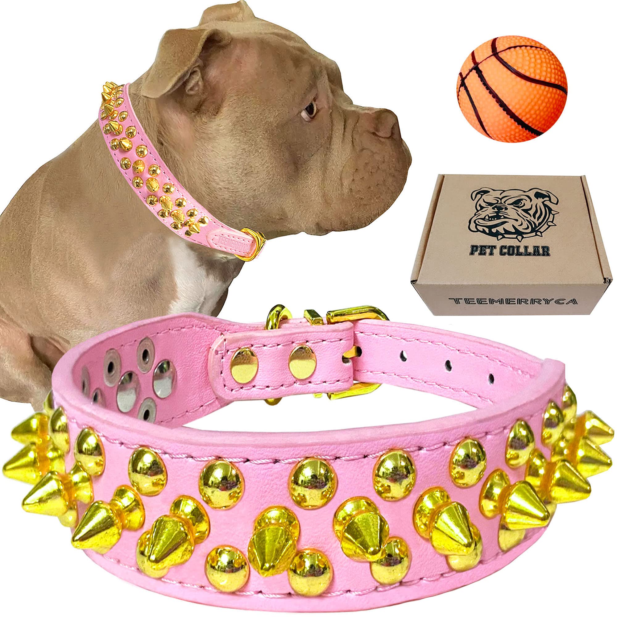 TEEMERRYCA Pink Leather Gold Spiked Studded Dog Collar for Small Medium Large Dogs - Pit Bulls, Bulldogs & Puppies - Adjustable 17.7
