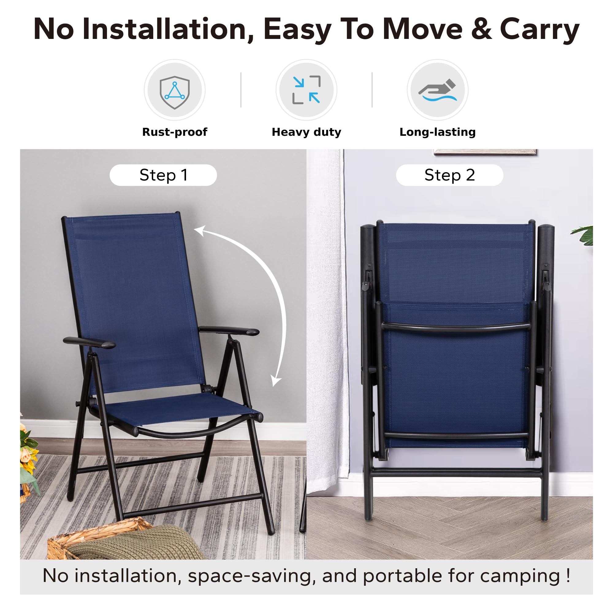 MFSTUDIO 6-Pack Folding Patio Chairs Set - Adjustable Outdoor Dining Chairs with Sling Back, Portable Blue Garden Chairs for Backyard, Lawn, Poolside & Camping (7-Level Height Adjustment) - Perfect for BBQs, Picnics & Outdoor Relaxation