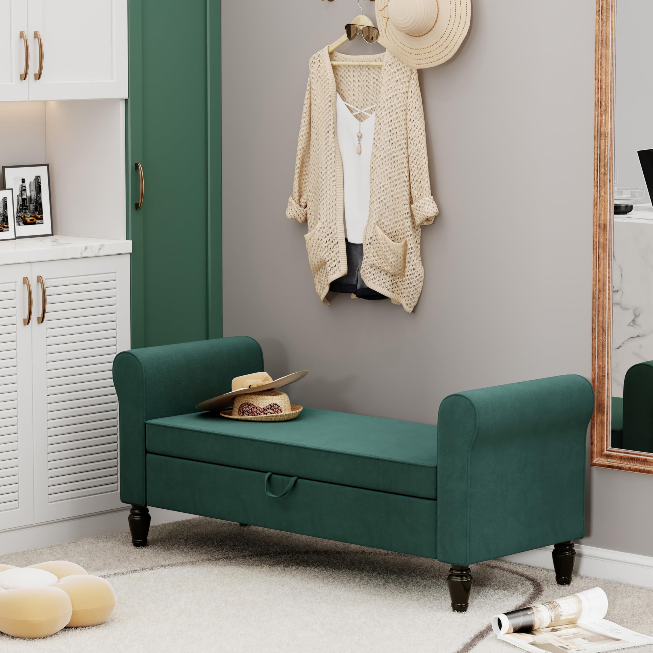 Alunaune Velvet Upholstered Storage Bench - Modern Rolled Arm Ottoman for Bedroom, Living Room & Entryway - Green | Bed Seat, Couch End Bench, Settee with Hidden Storage Compartment | Perfect for Small Spaces, Home Decor & Extra Seating