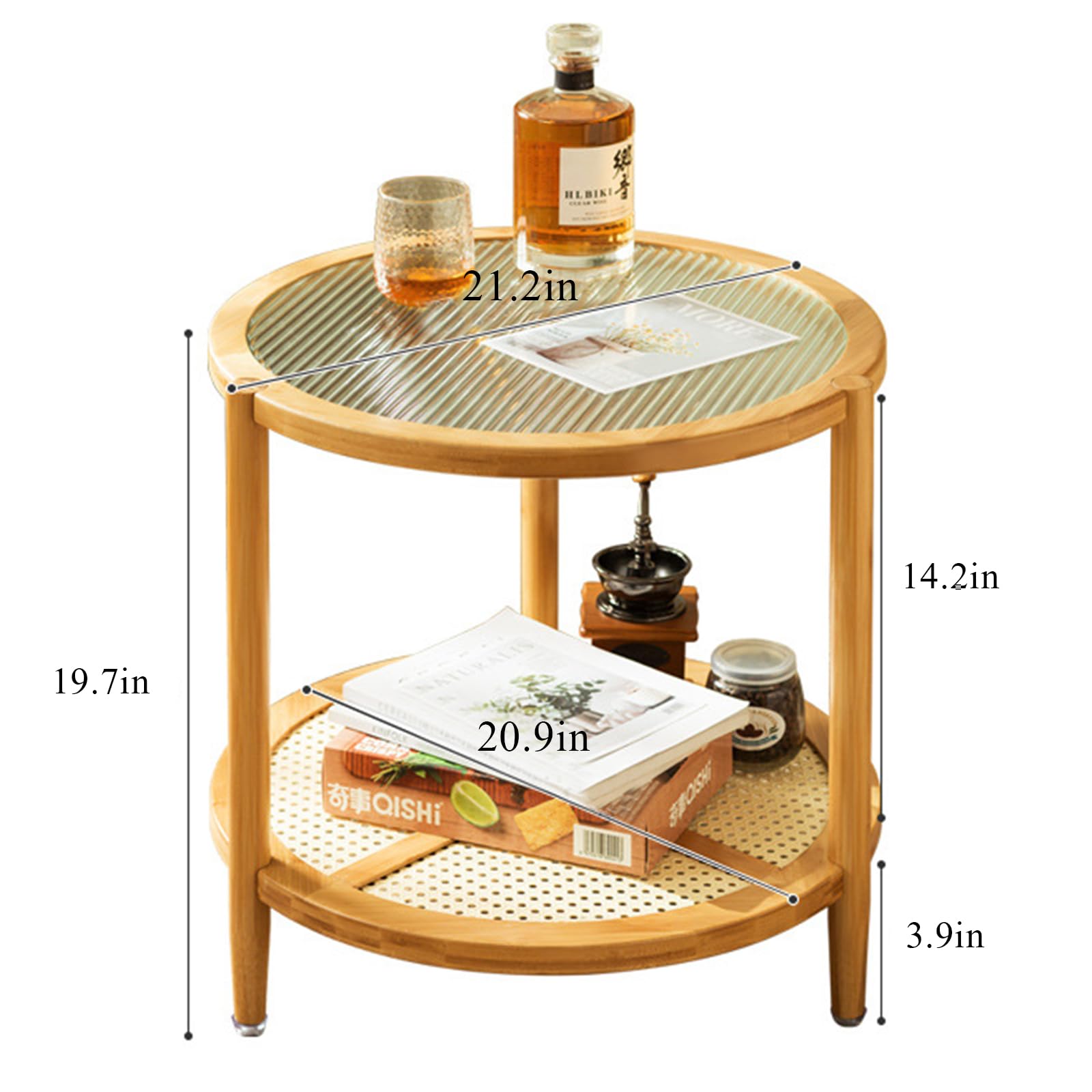 2-Tier Bamboo Round Coffee Table with Glass Top - Modern Small Side Table for Living Room, Bedroom, Balcony or Nightstand - Perfect for Coffee, Books & Decor
