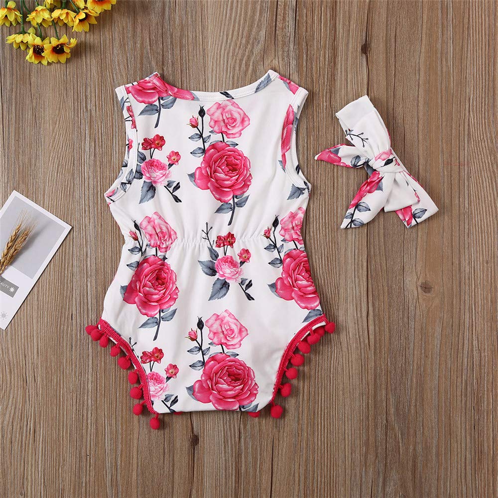 Newborn Baby Girl Summer Floral Romper Outfit - Sleeveless Jumpsuit with Tassel & Headband - Perfect for Photoshoots, Parties & Daily Wear