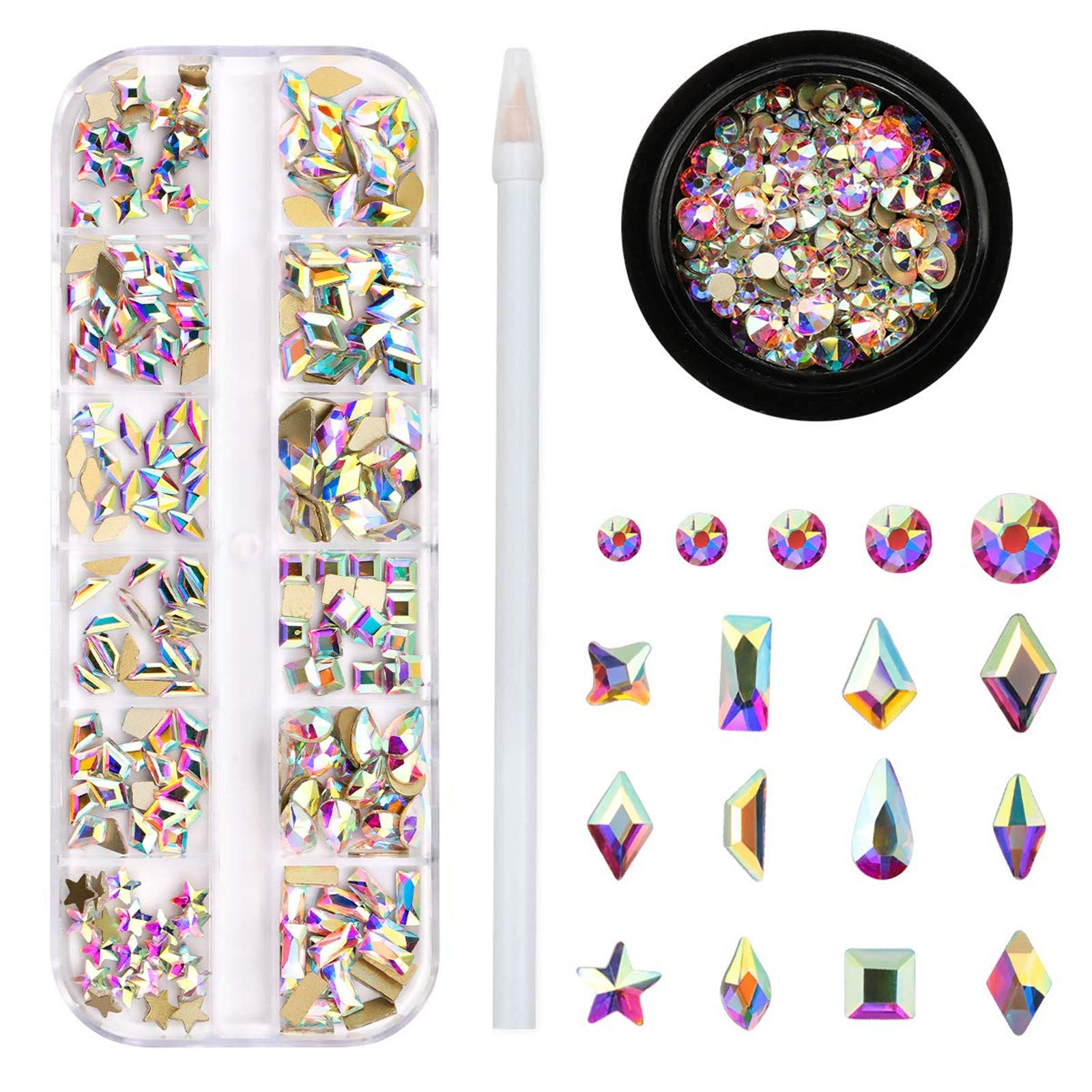 Premium 240pcs Crystal AB Rhinestones for Nails - Multi-Shape Flatback Nail Jewels with Iridescent Colors & 16 Shiny Facets | Perfect for Nail Art, Makeup, Clothing, Bags & Jewelry Decoration | DIY Crafts, Wedding Accessories & Fashion Styling