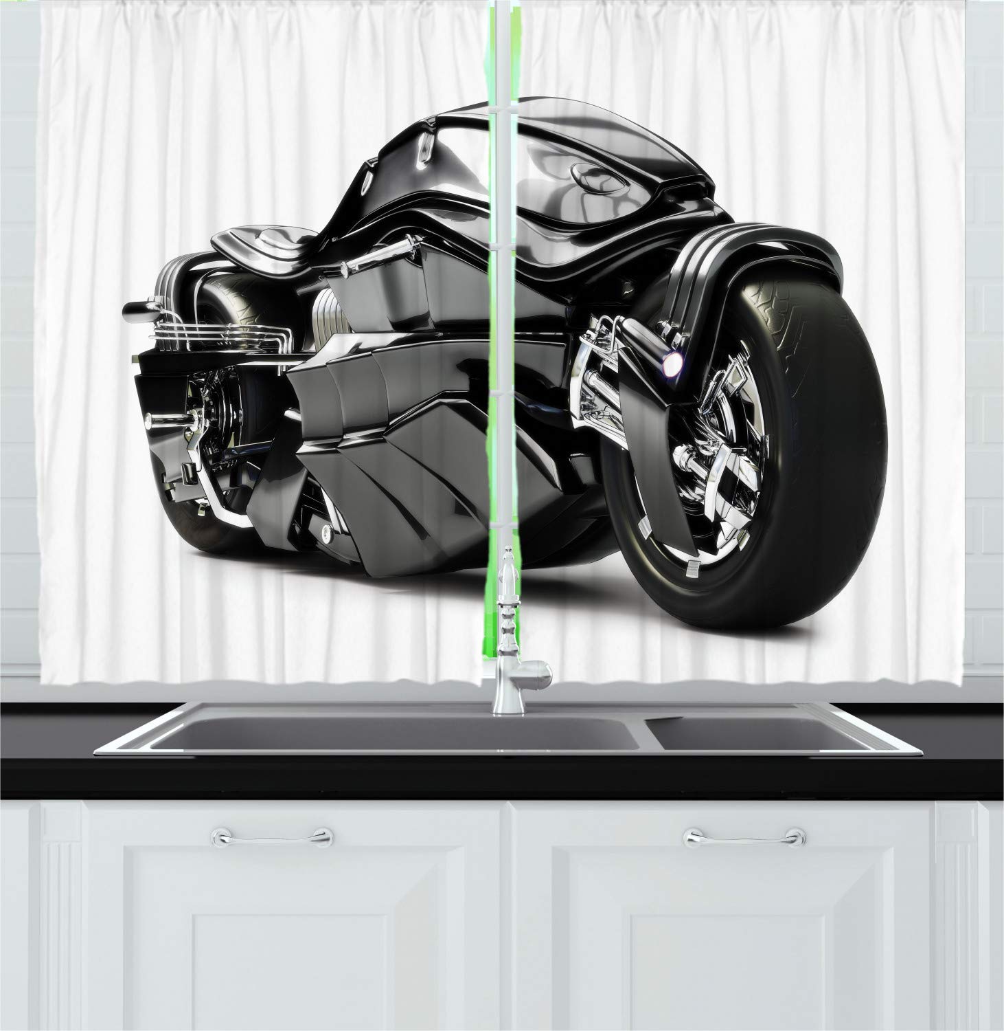 Ambesonne Futuristic Motorcycle Print Kitchen Curtains - Modern High-Tech Graphic Design, 55