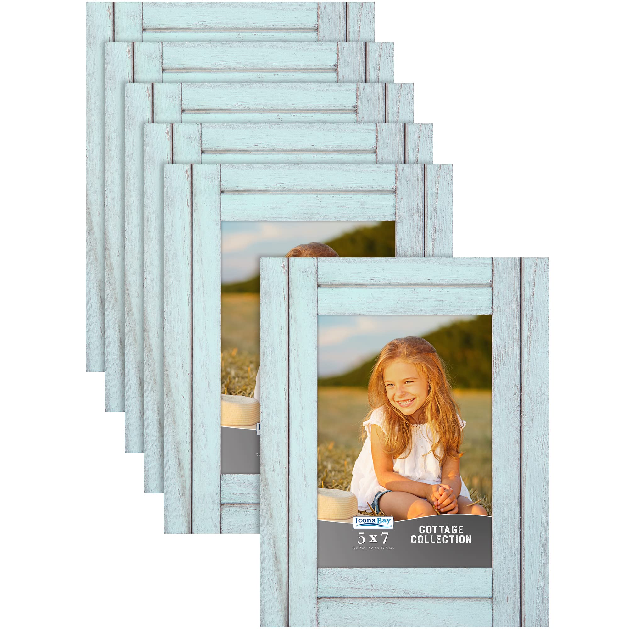 Icona Bay 5x7 (13x18 cm) Picture Frames Set of 6 - Eggshell Blue Rustic Wood Frames, Natural Real Wood Photo Frames for Wall & Tabletop Display - Perfect for Home Decor, Living Room, Bedroom & Cottage Style