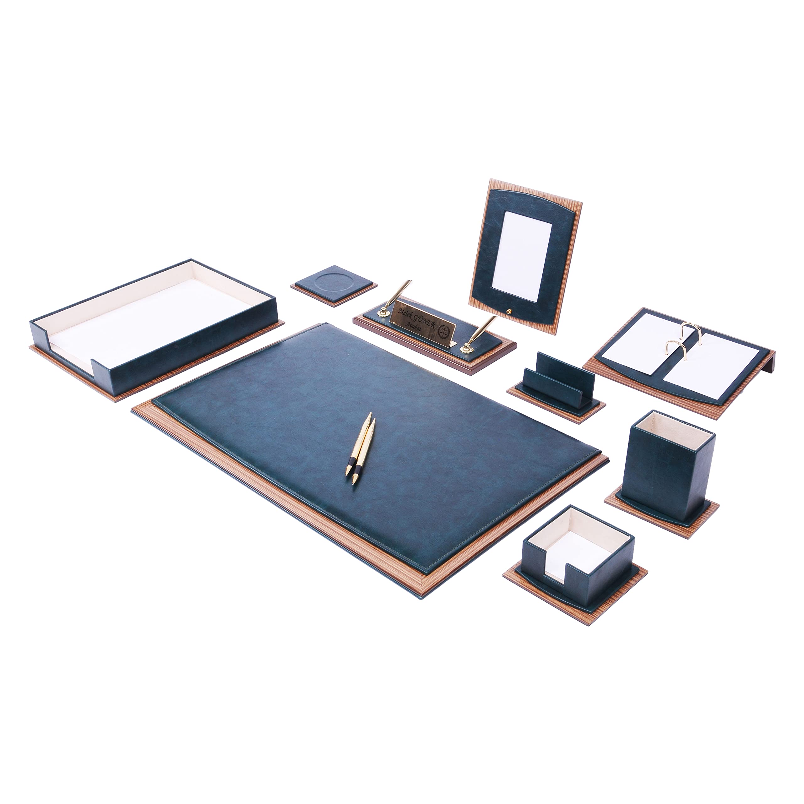 Premium Leather & Wood Desk Organizer Set - 11 Piece Luxury Office Desk Accessories with Single Tray | Perfect for Home Office, Executive Desk & Gift Giving