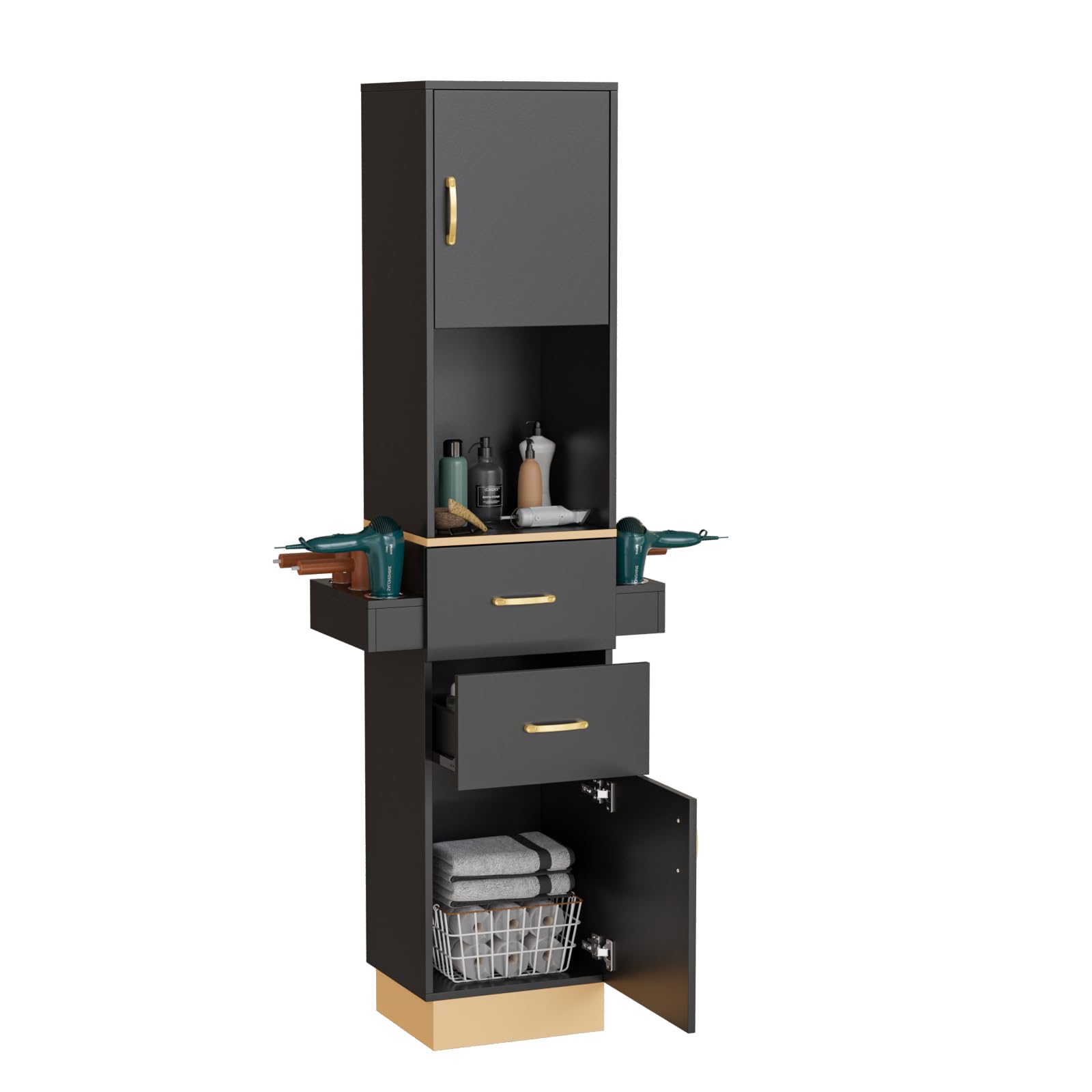 Professional Salon Station for Hair Stylists & Barbers - 2-Drawer Beauty Salon Spa Equipment with Storage Cabinet & 6 Hair Dryer Holders - Black Gold Finish - Perfect for Hair Styling, Barber Shops & Salon Decor
