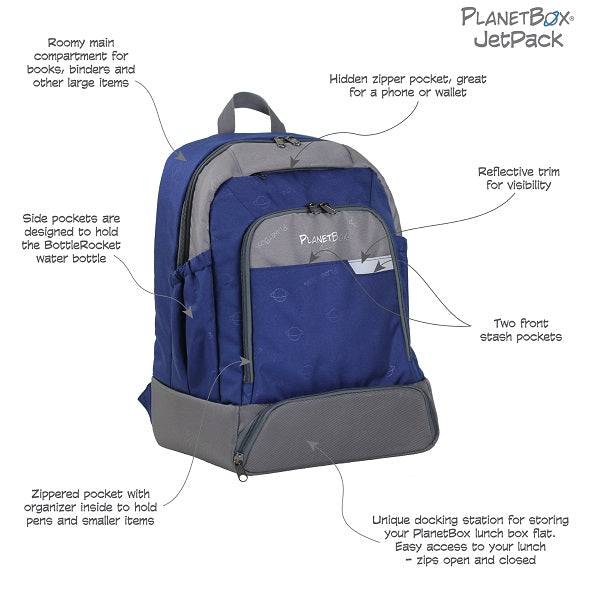 PlanetBox JetPack Backpack - Insulated Lunch Box Compartment, Durable School Backpack for Kids & Teens - Perfect for School, Travel & Outdoor Adventures