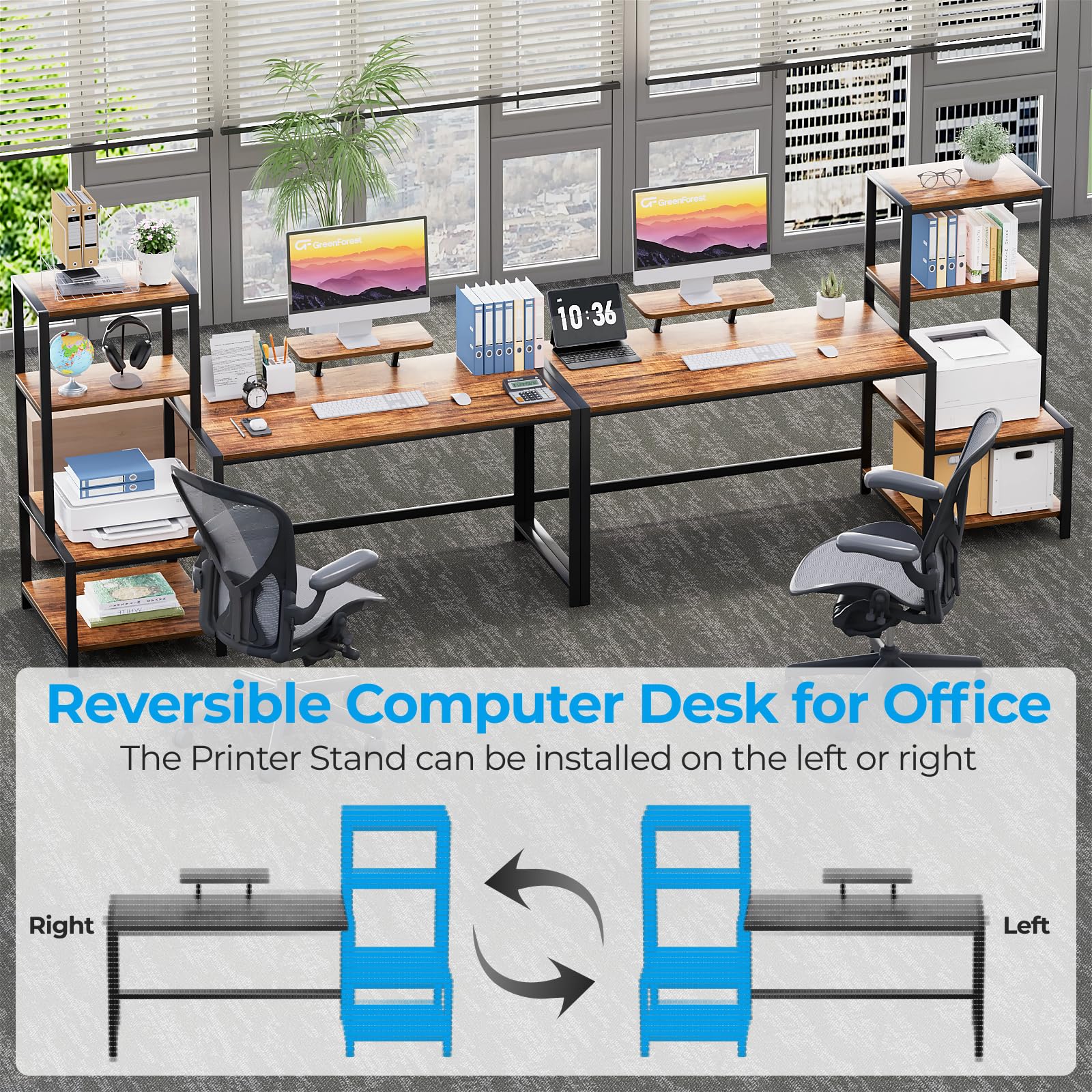 GreenForest 58 Inch Computer Desk with Printer Shelf & Monitor Stand - Reversible Office Desk with 2 Hooks, Sturdy Home Workstation for Study, Writing, Working & Gaming - Perfect for Small Spaces & Home Offices (Brown)