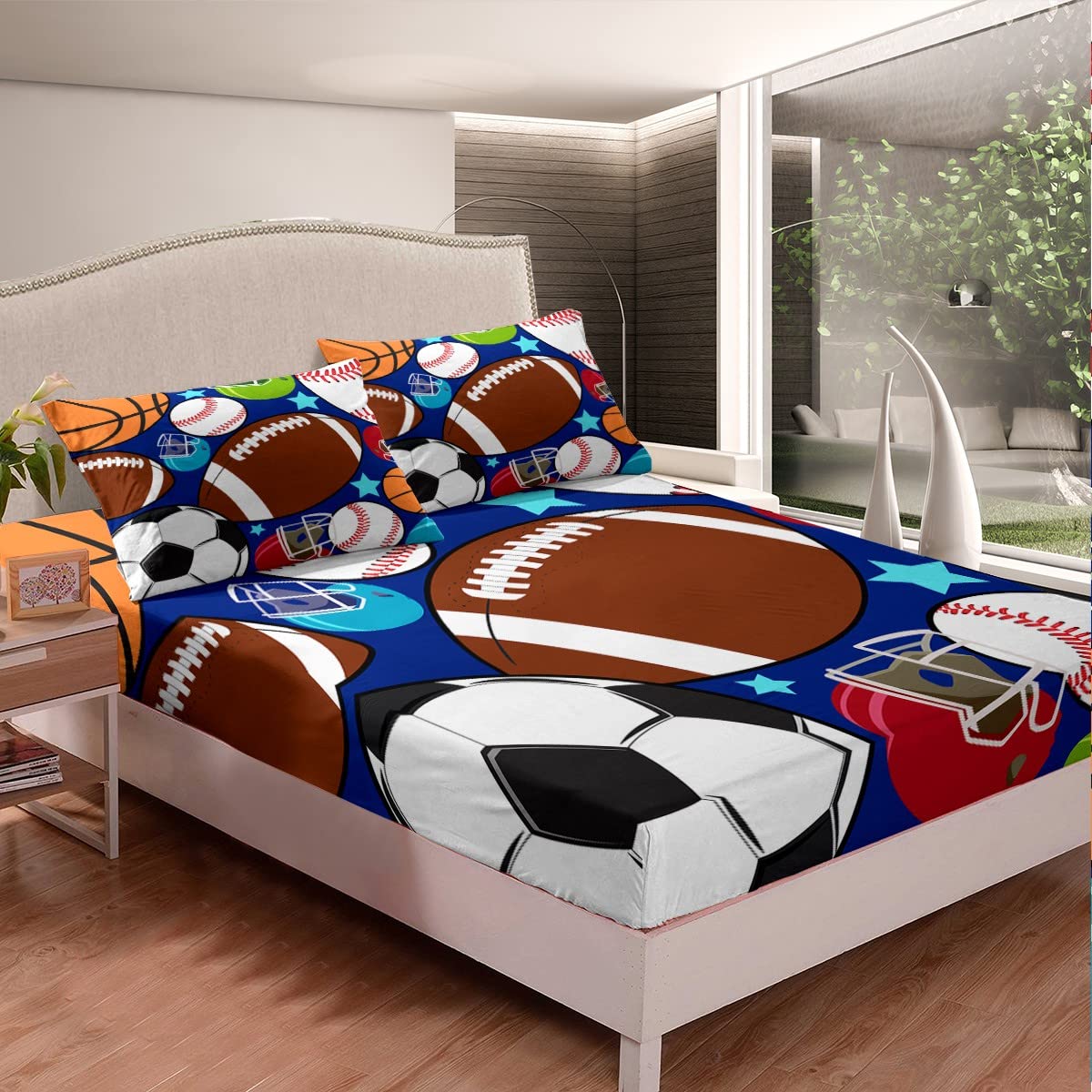 Feelyou Kids Sports Bedding Set - Football, Basketball, Tennis & Baseball Themed Twin Size Sheet Set (1 Fitted Sheet + 1 Pillowcase) for Boys & Teens - Perfect for Sports-Themed Bedrooms, Dorm Rooms & Gift Ideas