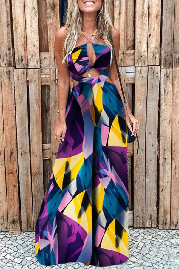 Tropical Palm Leaf Print Cutout Elastic Waist Flare Jumpsuit for Women - Summer Beach Vacation Outfit, Boho Chic Party Wear