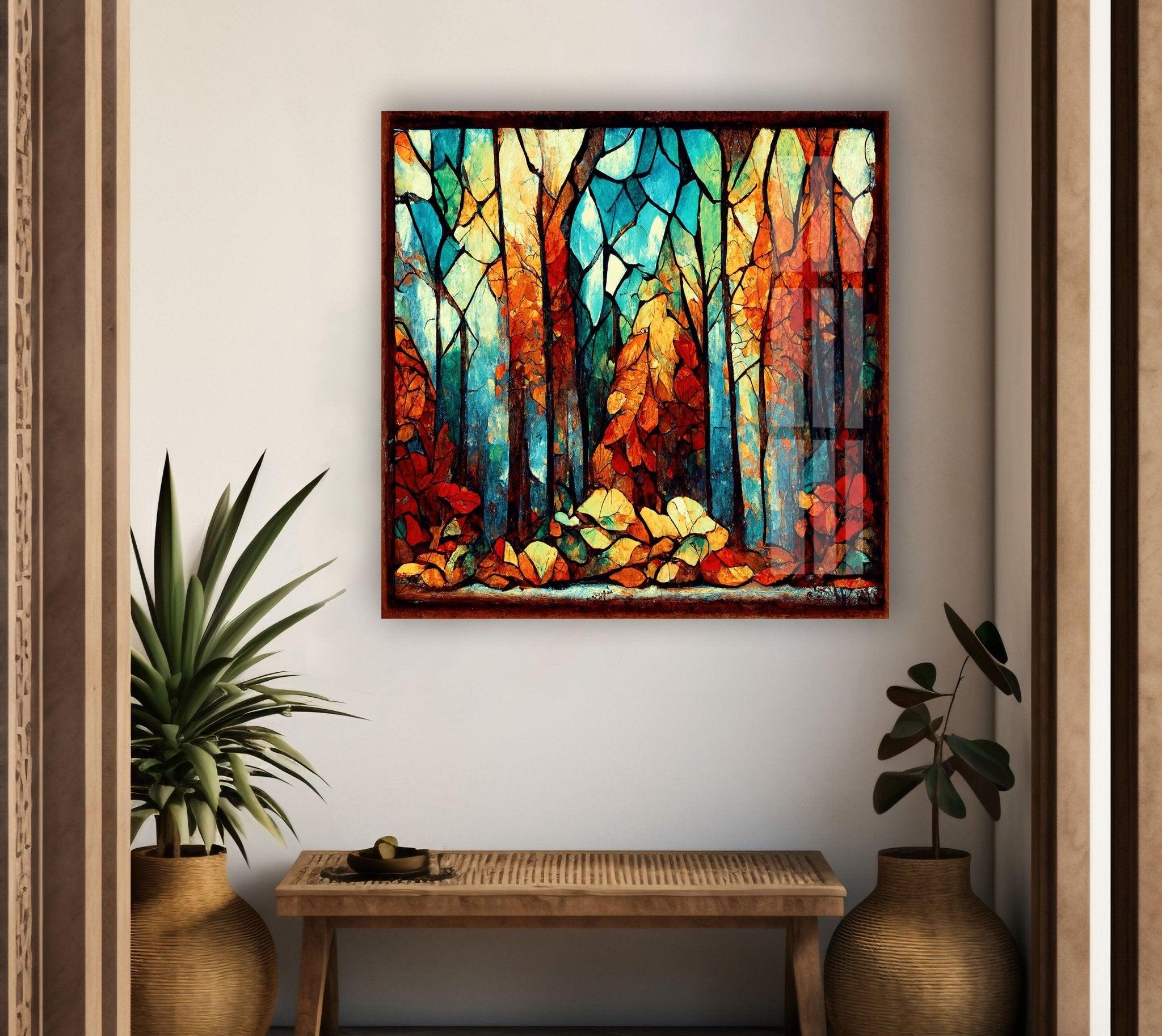 Autumn Forest Stained Glass Wall Art - Handmade Nature Inspired Window Hanging Decor for Living Room, Bedroom & Office - Perfect for Home Decor, Gifts & Meditation Spaces