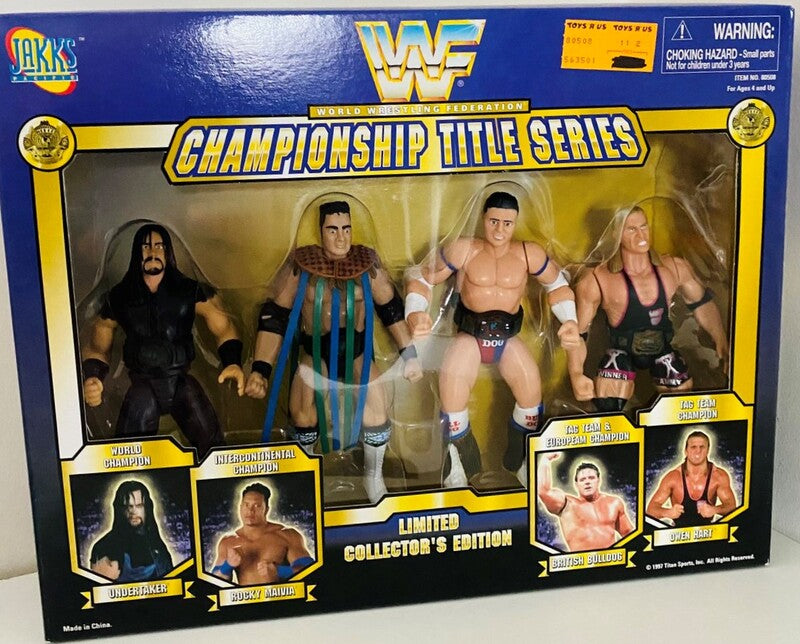 1997 WWF Jakks Pacific Championship Title Series Box Set - Undertaker, Rocky Maivia, British Bulldog & Owen Hart Wrestling Action Figures | Collectible WWE Memorabilia for Fans & Display Cases