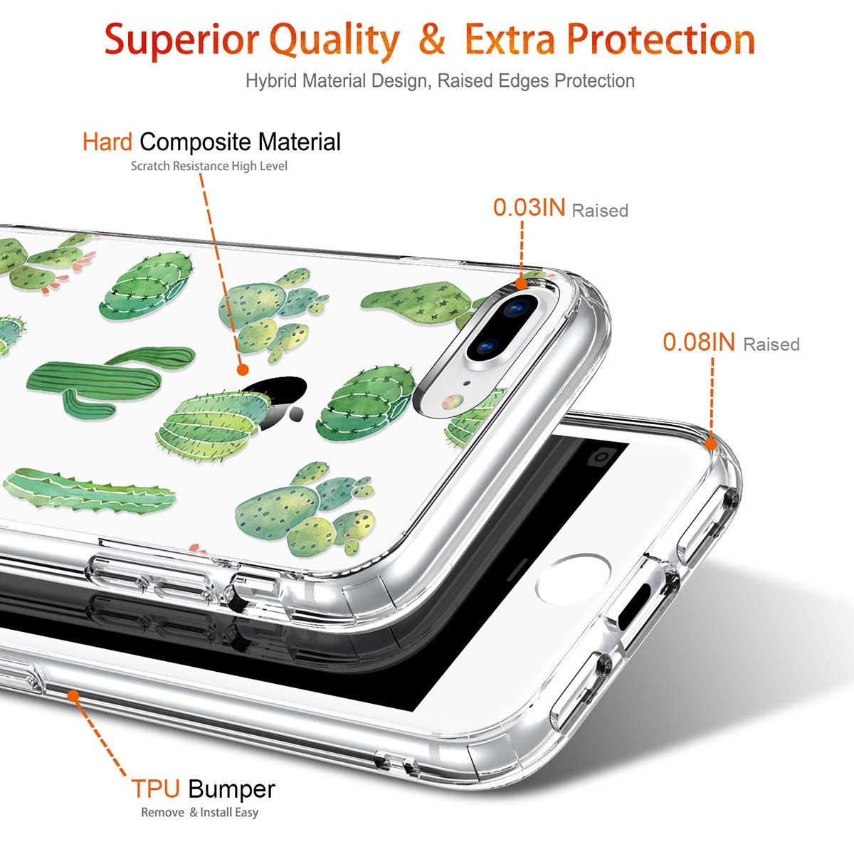 GiiKa Clear Heavy Duty Protective Case for iPhone 8 Plus/7 Plus with Screen Protector | Floral TPU Bumper Cover | Green Cactus Design | Perfect for Women & Girls - Everyday Protection & Stylish Look
