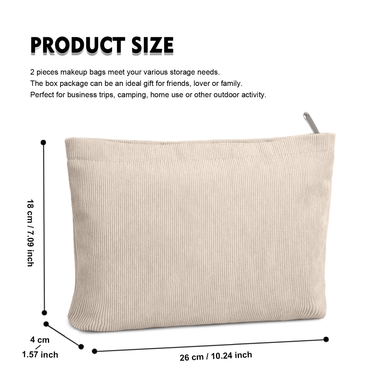 FITDON 2-Pack Corduroy Makeup Bags for Women - Small Zippered Cosmetic Pouch & Travel Toiletry Organizer (Beige) | Perfect for Purse, Gym, Travel & Daily Essentials Storage