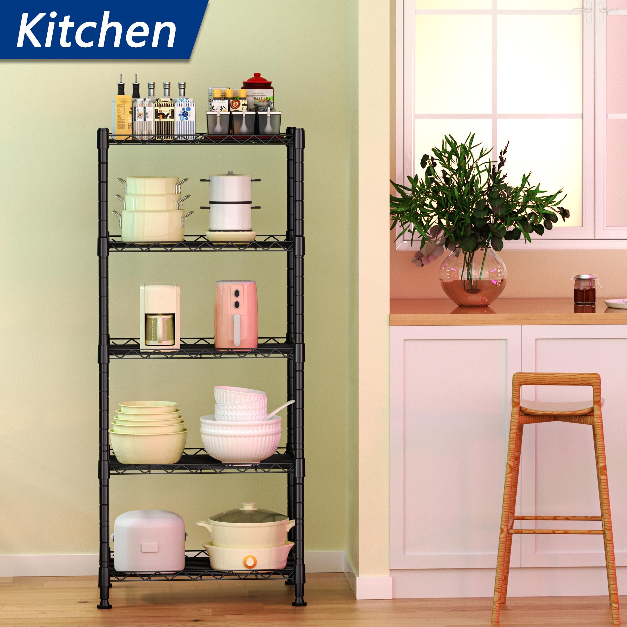 REGILLER 5-Tier Metal Wire Shelving Unit - Adjustable Storage Rack for Laundry, Bathroom, Kitchen, Pantry & Closet Organization (Black, 11.8