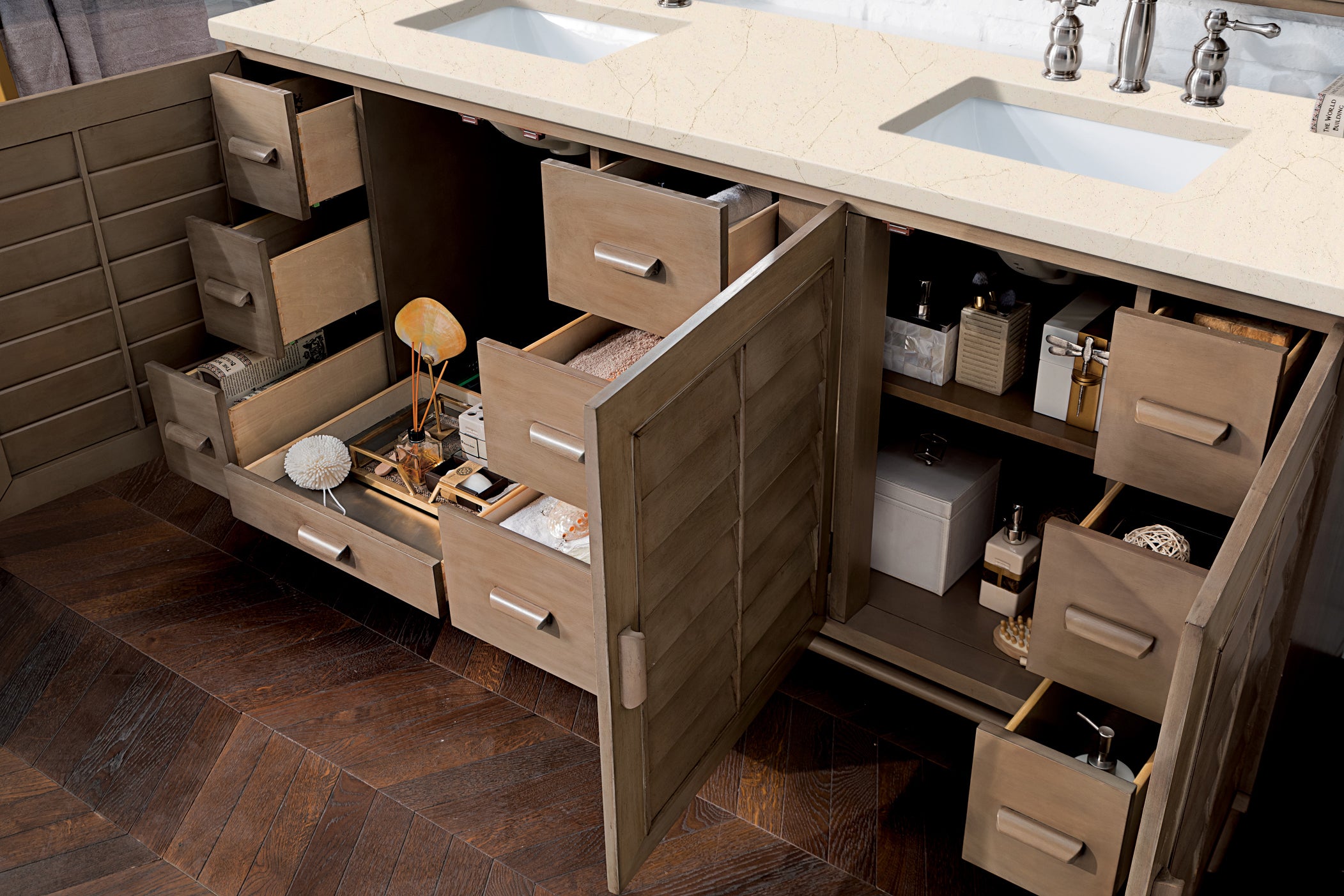 Portland 72 Inch Double Vanity with Whitewashed Walnut Base & 3CM Eternal Marfil Quartz Countertop - Modern Bathroom Sink Cabinet for Master Bath or Guest Bathroom
