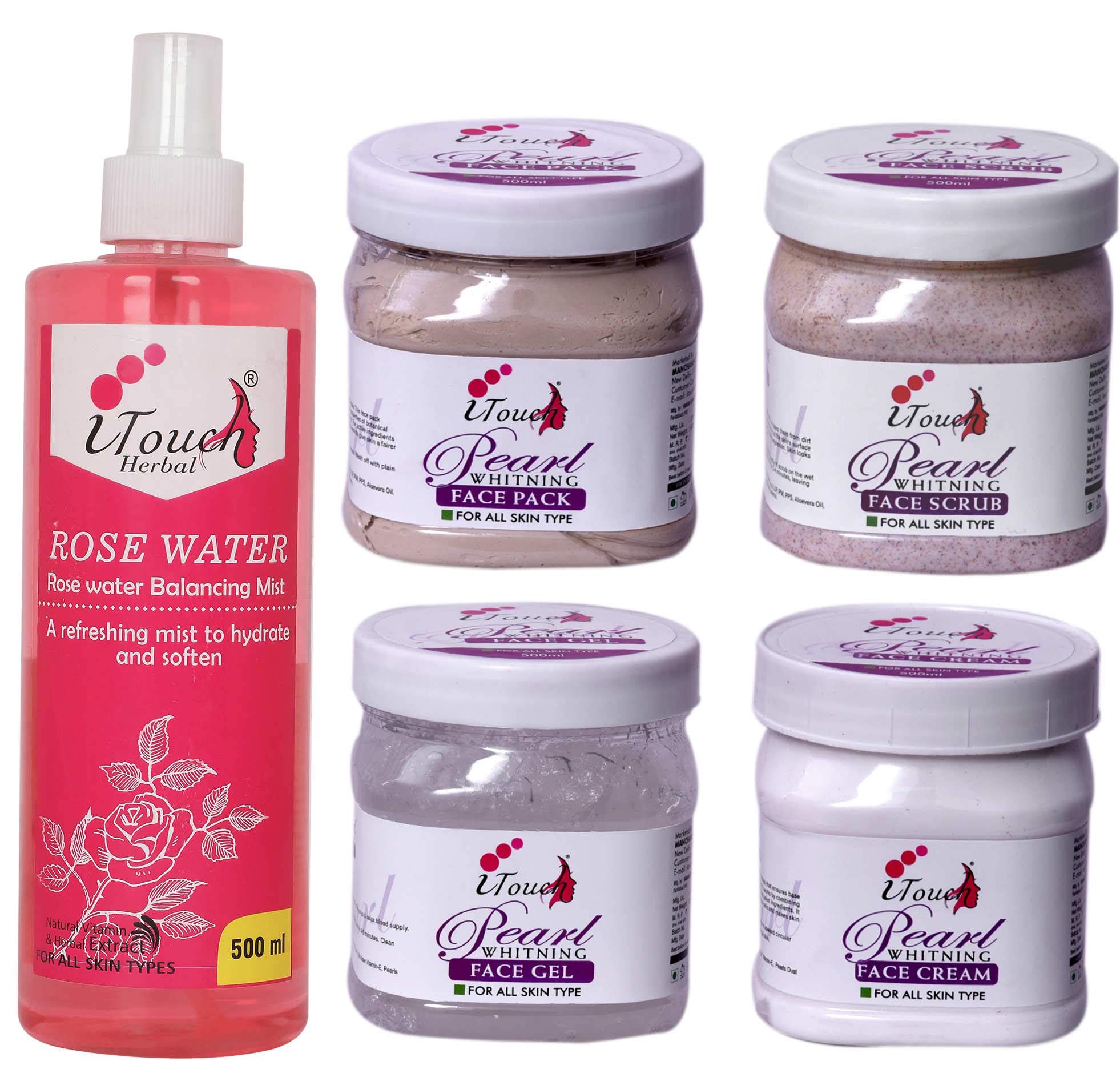 iTouch Herbal Pearl Skin Whitening Scrub, Cream, Pack & Gel 500ml x 4 + Rose Water 500ml - Brightening Facial Care Kit for Glowing Skin | Daily Skincare Routine & Spa Treatment