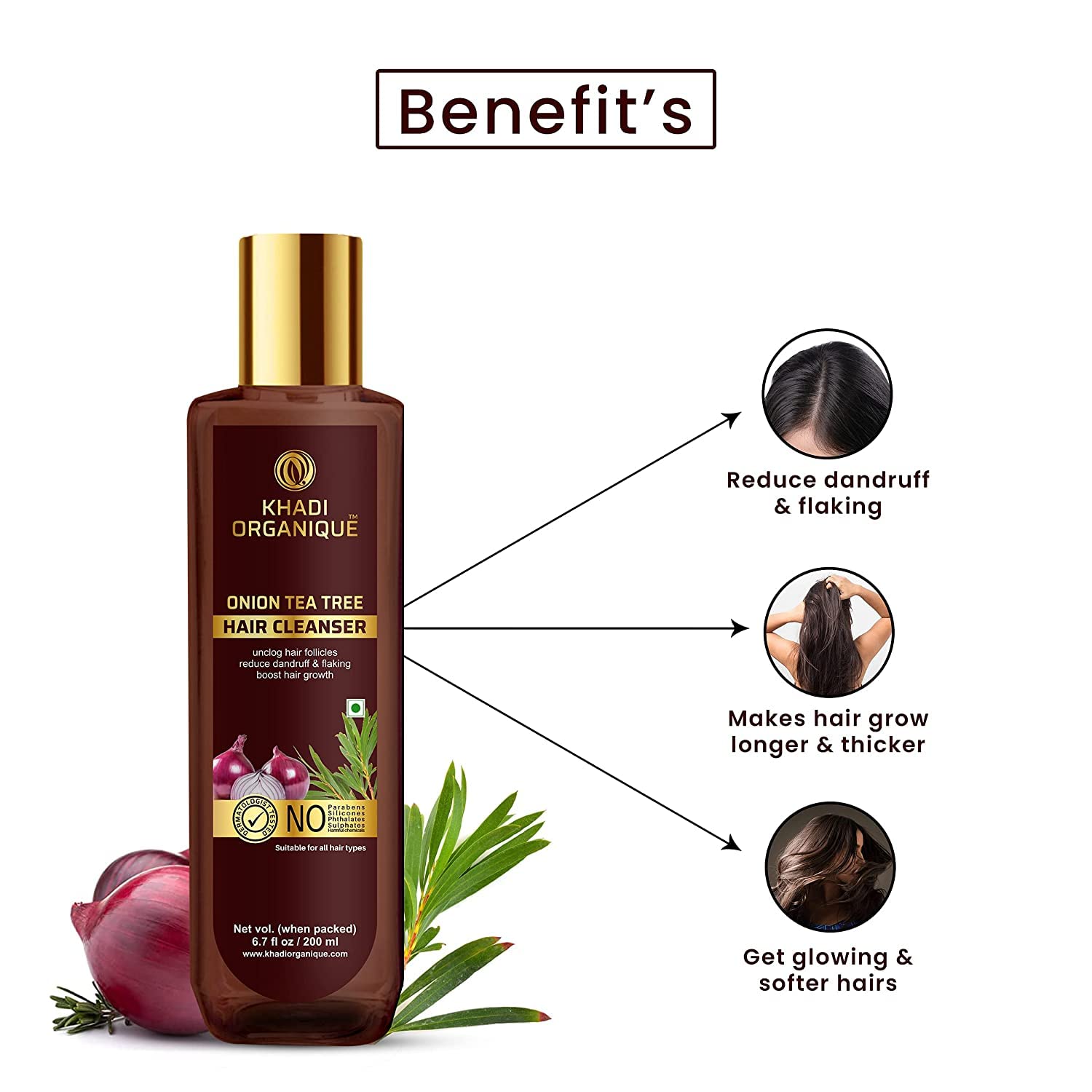 Organique Onion Tea Tree Shampoo for Dandruff Control & Hair Fall Prevention - Paraben Free, Silicone Free 200ml | Gentle Cleanser for Dry Scalp & Thinning Hair Care