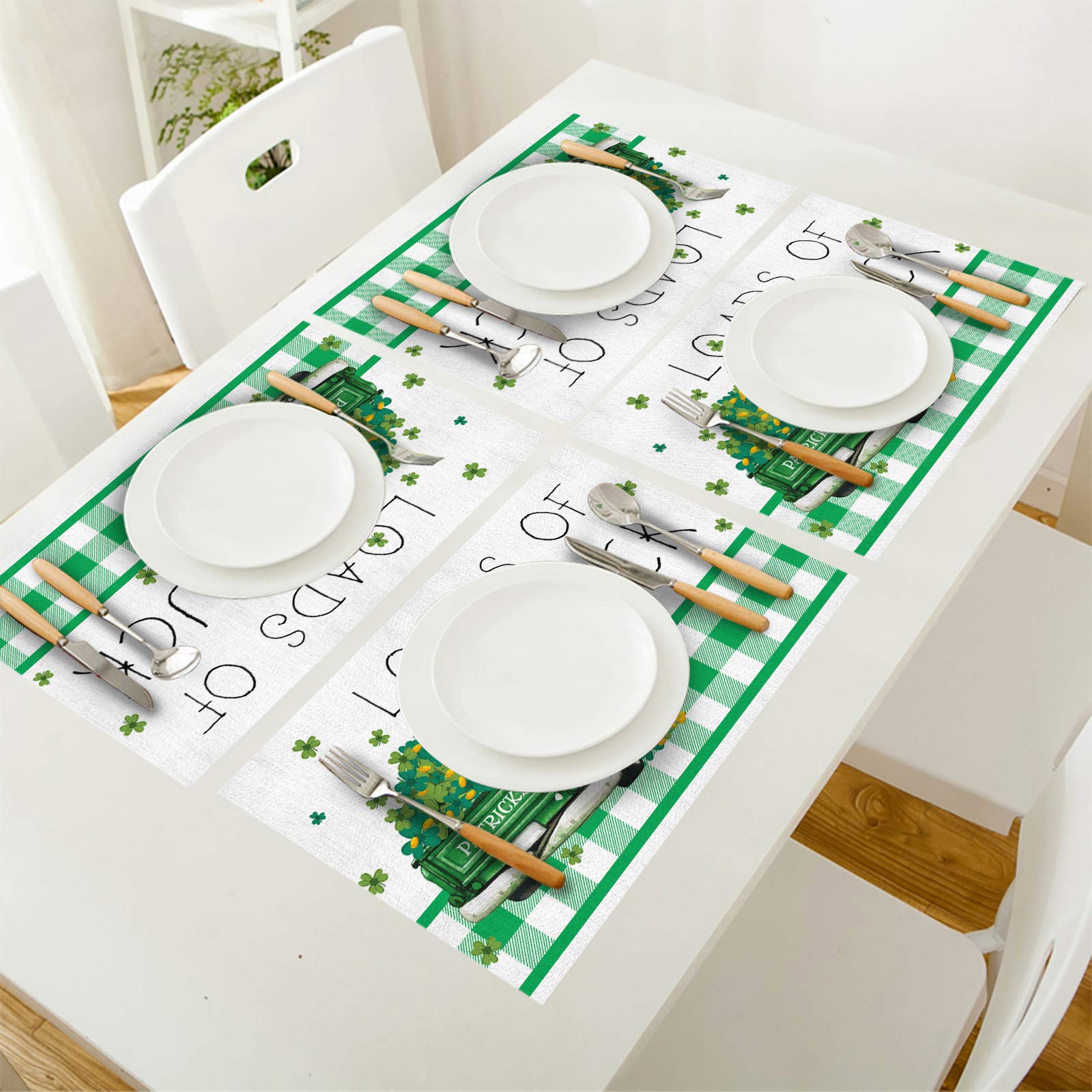4-Pack Heat & Stain Resistant Placemats for Kitchen Dining Table - St. Patrick's Day Truck Load of Luck Shamrock Green Plaid Design - Easy to Clean - Perfect for Holiday Parties, Family Dinners & Everyday Use