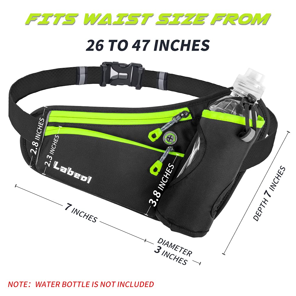 Labeol Adjustable Running Belt with Water Bottles - 2 Zipper Pockets Hydration Waist Pack for Men & Women - Lightweight Fanny Pack for Hiking, Climbing, Jogging & Outdoor Activities (Green)