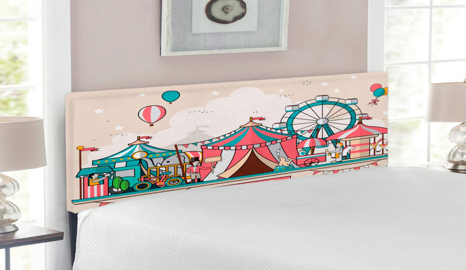 Ambesonne Circus Themed Upholstered Headboard - Queen Size Decorative Metal Bed Frame with Memory Foam, Flat Design Balloon Park Illustration | Perfect for Kids' Bedrooms, Circus-Themed Decor & Unique Home Accents