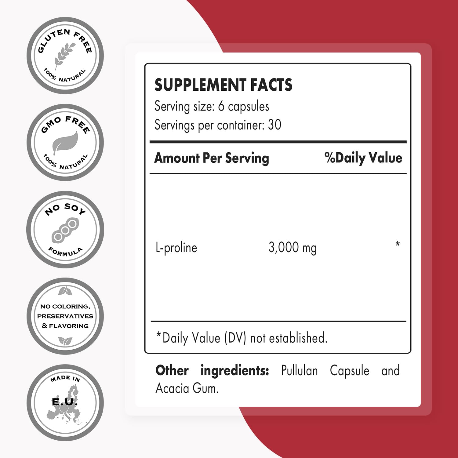 Supersmart - L-Proline 3000mg High Strength Amino Acid Supplement for Collagen Production | Non-GMO, Gluten Free, Vegetarian (180 Capsules) - Supports Skin, Joint & Heart Health | Perfect for Athletes & Anti-Aging Routines