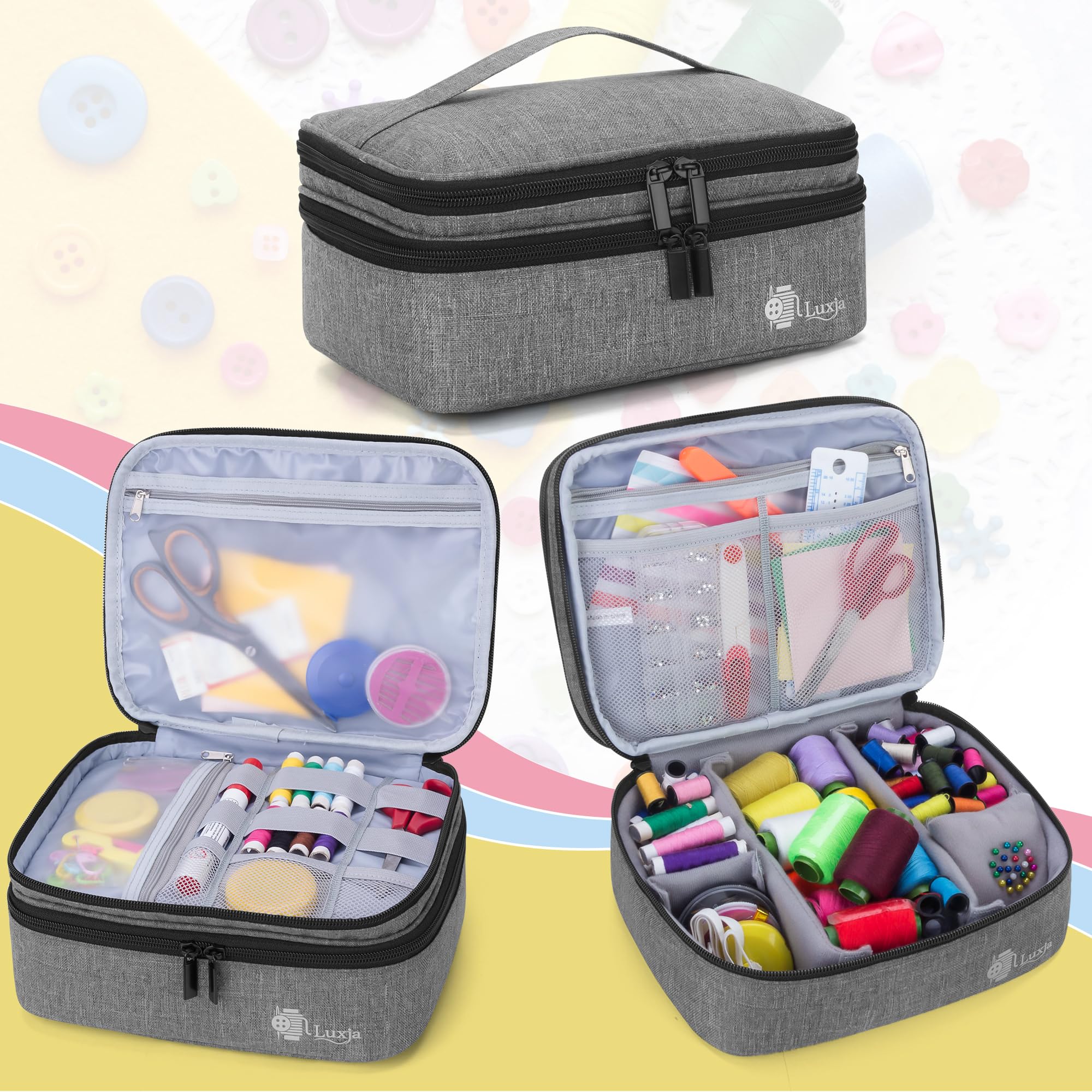 Luxja Double-Layer Sewing Supplies Organizer - Medium Gray Sewing Bag for Needles, Thread, Scissors & Measuring Tape - Perfect for Sewing Kits, Craft Storage & Travel Sewing Projects