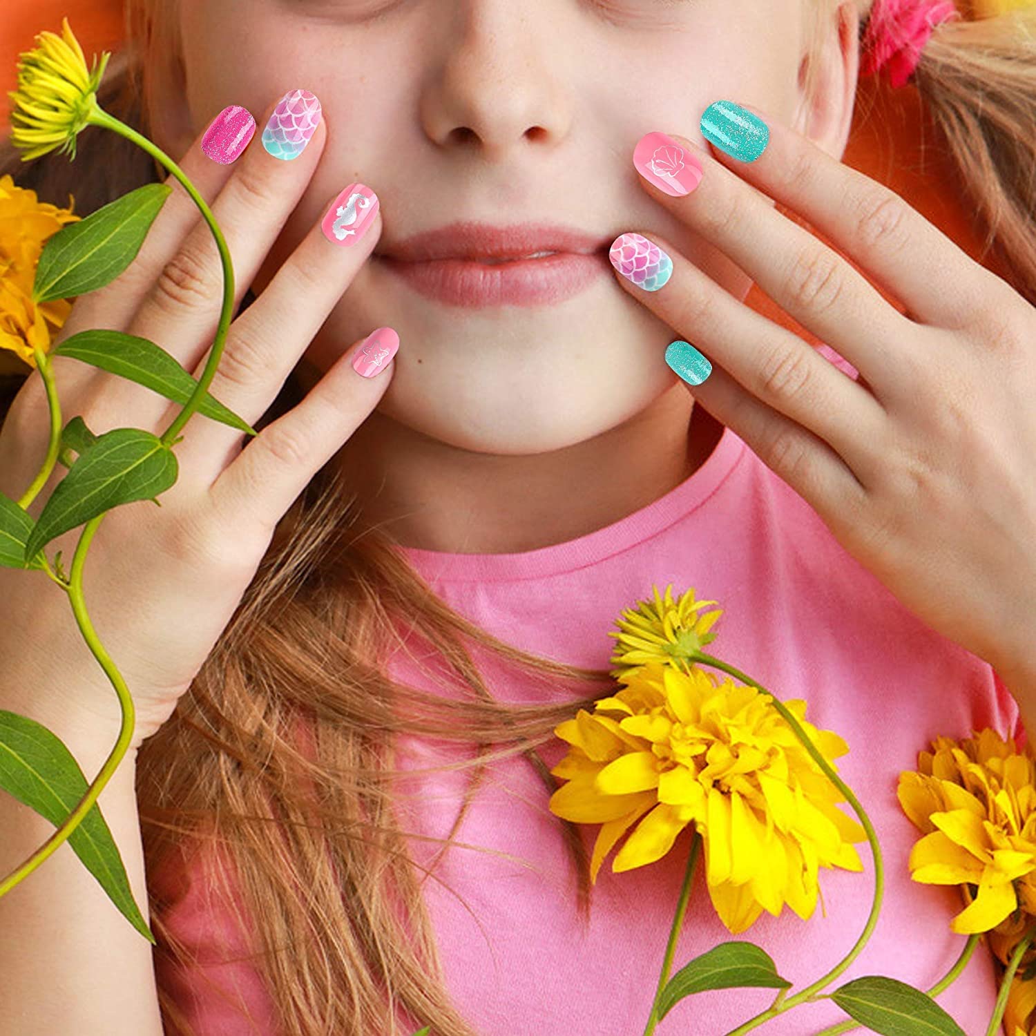 JANYUN 48 Pcs Short False Nails for Kids - Full Cover Stick on Nails for Little Girls, Non-Toxic Nail Art Gift Set - Perfect for Birthday Parties, Playdates & Dress-Up Fun