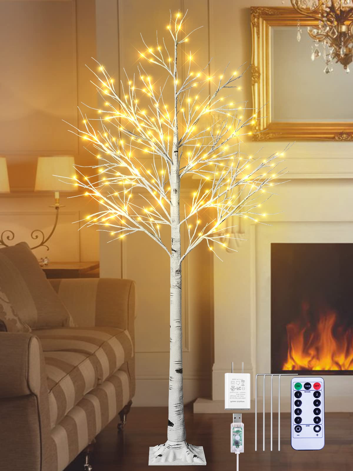 6FT Birch Tree with Fairy Lights - 160 LED Warm White Dimmable Christmas Decor with Remote (8 Lighting Modes) for Wedding, Party & Home Decor | Includes Plug & Base | Perfect for Indoor Holiday, Living Room & Bedroom Decoration