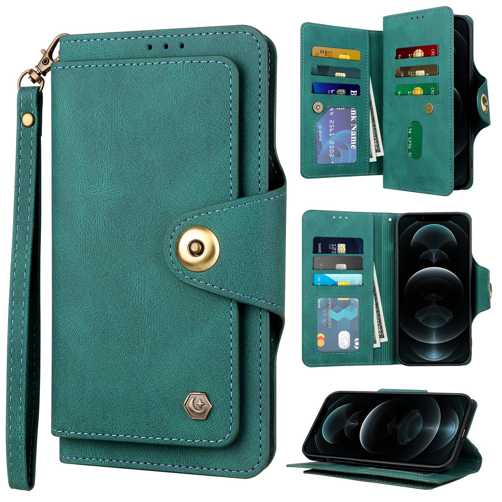 JAKPAK Premium PU Leather Wallet Case for iPhone 12 Pro Max (6.7 inch) - 9 Card Slots, Shockproof Protection & Kickstand - Stylish Green Flip Cover for Women & Girls - Perfect for Travel, Shopping & Daily Use