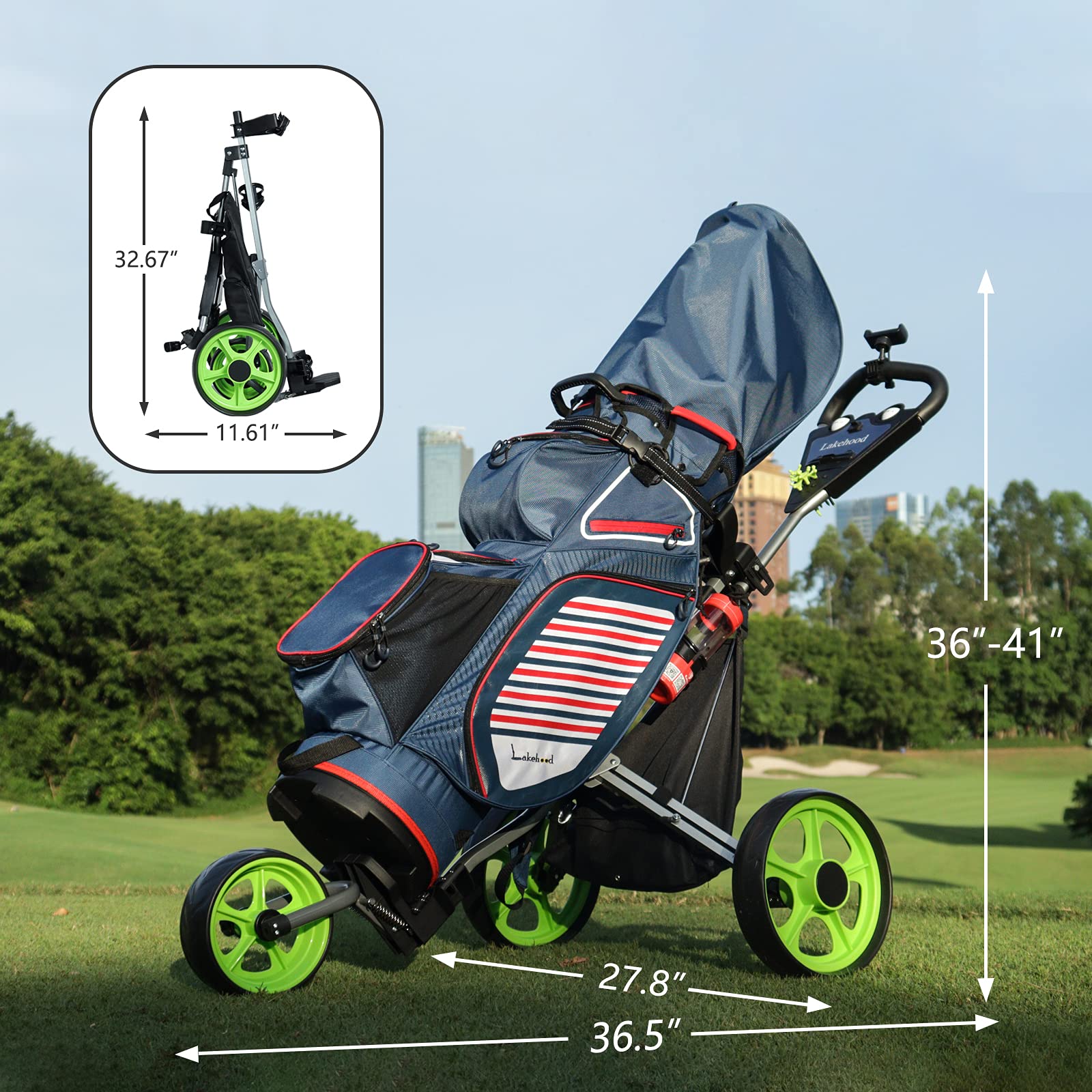Premium 3-Wheel Golf Push Cart - Lightweight & Easy Fold Golf Pull Cart for Clubs & Bag with Scorecard Holder, Phone Mount & Storage Bag - Ideal for Course, Driving Range & Practice (Green)
