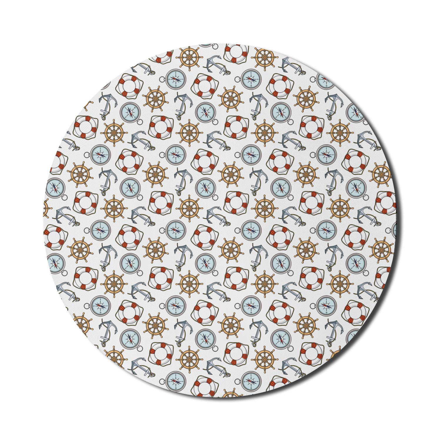 Ambesonne Nautical Compass Mouse Pad - Non-Slip Rubber Gaming Mousepad with Ship Wheel & Anchor Design, 8 Inch Round Computer Mouse Mat for Office, Home & Travel Use - Multicolor Marine Pattern