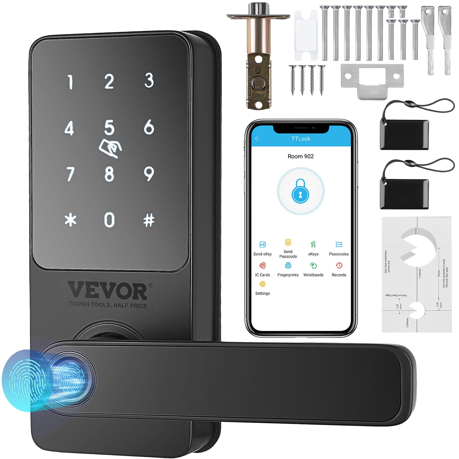 VEVOR 5-in-1 Smart Door Lock - Fingerprint, Keypad, Bluetooth & App Control Keyless Entry Deadbolt - Biometric Digital Door Handle for Home Security (Ideal for Front Doors, Apartments & Smart Homes)