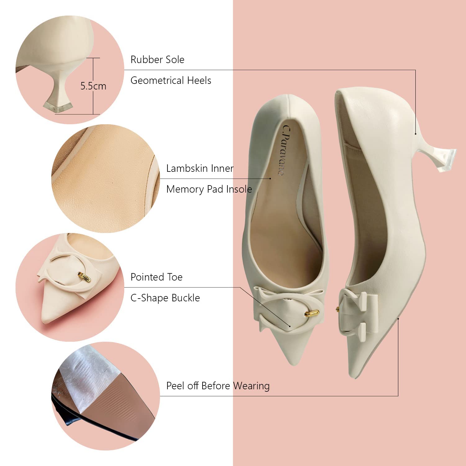 C.Paravano Women's Leather Pumps - Low Heel Kitten Heels Designer Shoes for Women | Comfortable Office Work & Wedding Party Dress Pumps
