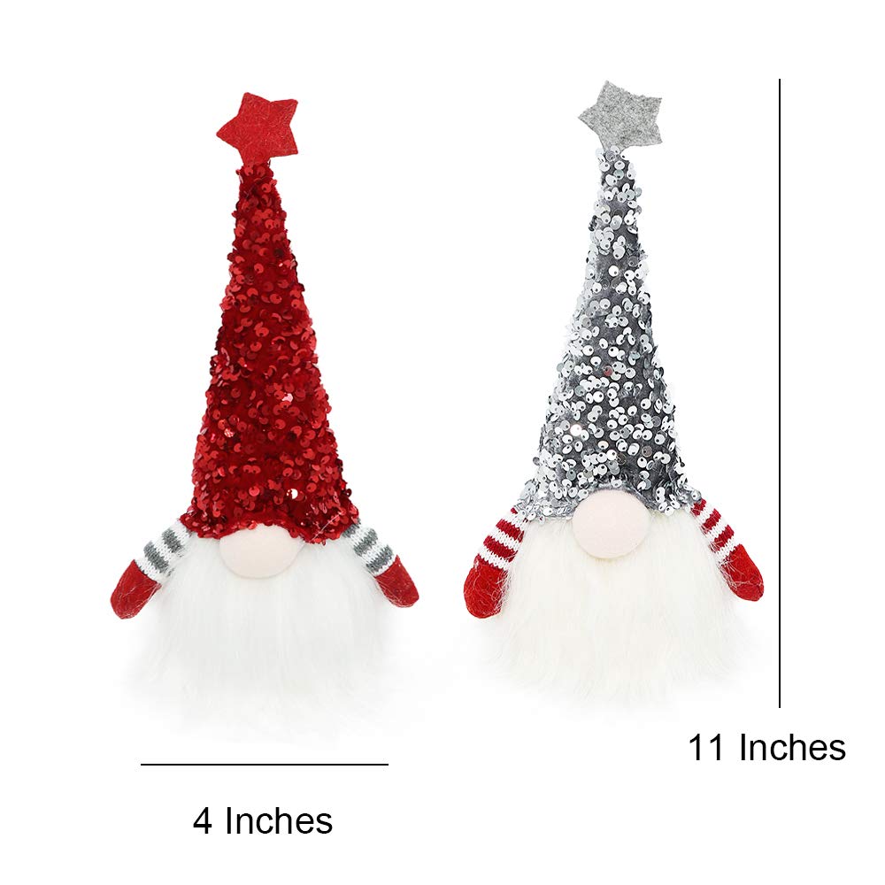 Scandinavian Christmas Gnome Lights with Timer - Set of 2 (Red & Silver) 11x4 Inch, Nordic Santa Tomte Gnome Decor for Holiday Tree, Mantel & Indoor Xmas Decorations