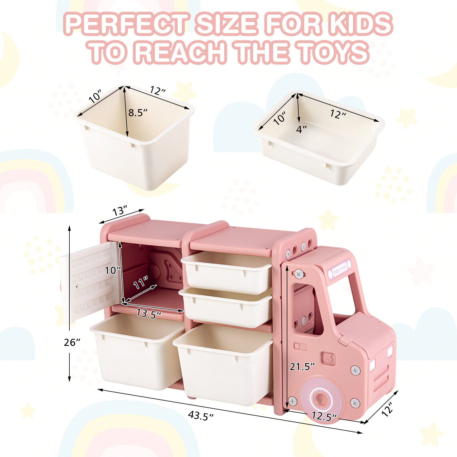 Pink Toddler Toy Truck Storage Organizer with 3 Plastic Bins - Kids Room Organization for Trucks, Cars & Toys - Perfect for Bedroom, Playroom & Daycare Storage